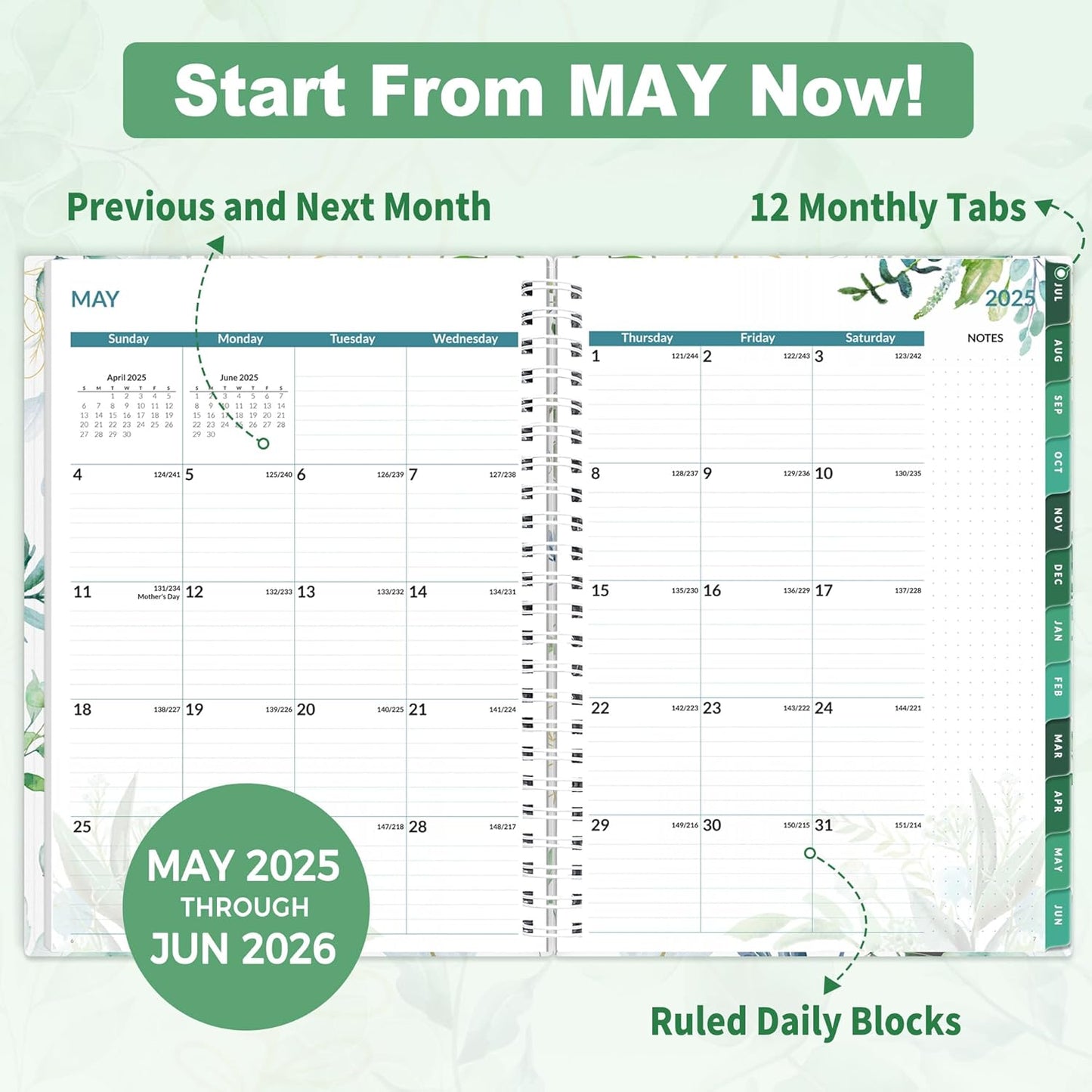 SUNEE Academic Planner 2025-2026 Weekly and Monthly - from July 2025 to June 2026, 6.4"x8.3" School Year Calendar Daily Planner with Monthly Tab, Flexible Cover, Note Pages, Spiral Binding, Greenery