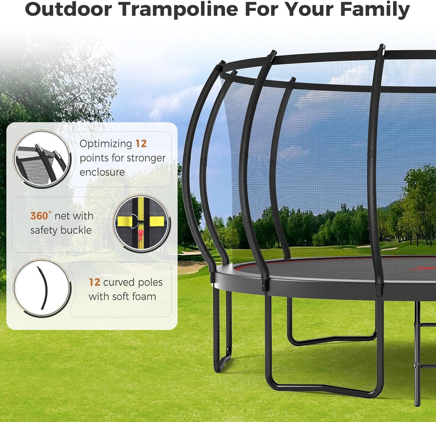 Tatub Large Trampolines Outdoor 10 12 14 15 16FT for Kids and Adults,Outdoor Recreational Pumpkin Trampolines with Curved Poles and Safety Enclosure Net, Basketball Hoop, Ladder