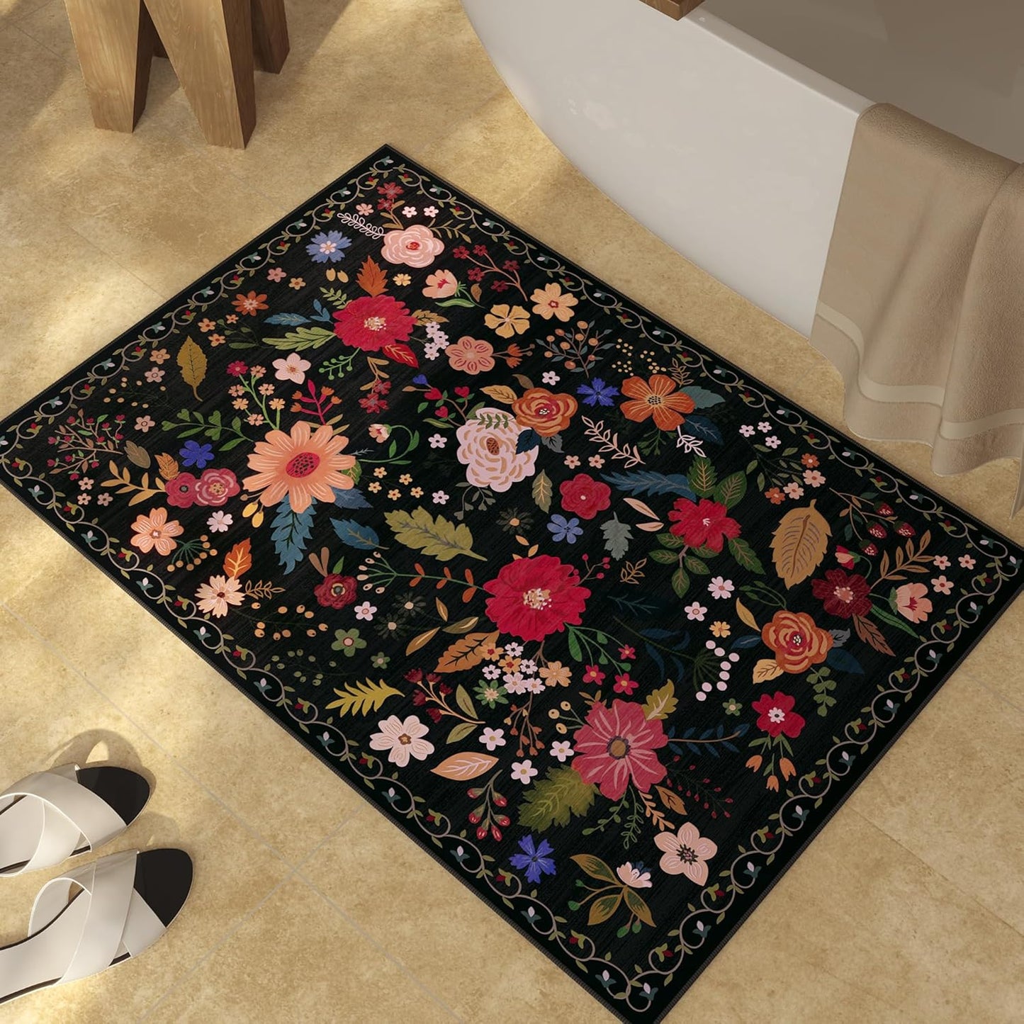 2x3 Washable Rug for Entryway, Floral Soft Small Area Rug, Non Slip Doormat Indoor Entrance Carpet, Flower Low Pile Front Door Throw Rug for Bedroom, Kitchen, Laundry, Bathroom, Black