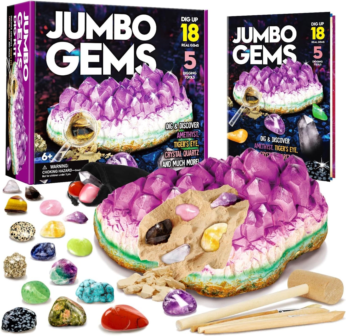 XXTOYS Gemstone Dig Kit - Dig Up 18 Real Gemstones and Crystals - Science Kits for Kids, STEM Toys for Age 6-8, Great Educational Geology Gifts for Boys & Girls Ages 5-7