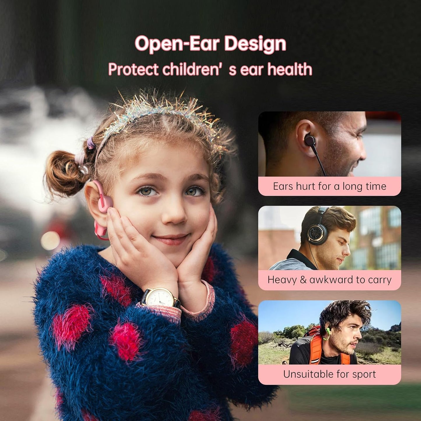 IFECCO Kids Open Ear Headphones - Kids Girls Bluetooth 5.3 Conduction Headphones with Mic,Ultra-Light,IPX5 Waterproof and Safer for Children Wireless Headphones,Perfect for School Travel Gifts (Pink)
