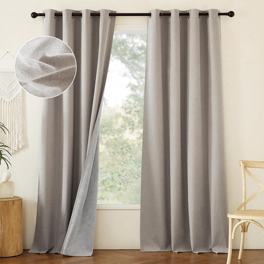 NICETOWN 100% Blackout Natural Faux Linen Curtains 95 inches Length for Dining Room, 2 Panels Set, 52" Wide, Farmhouse Style Room Cooling Window Draperies with Thermal Insulated Liners