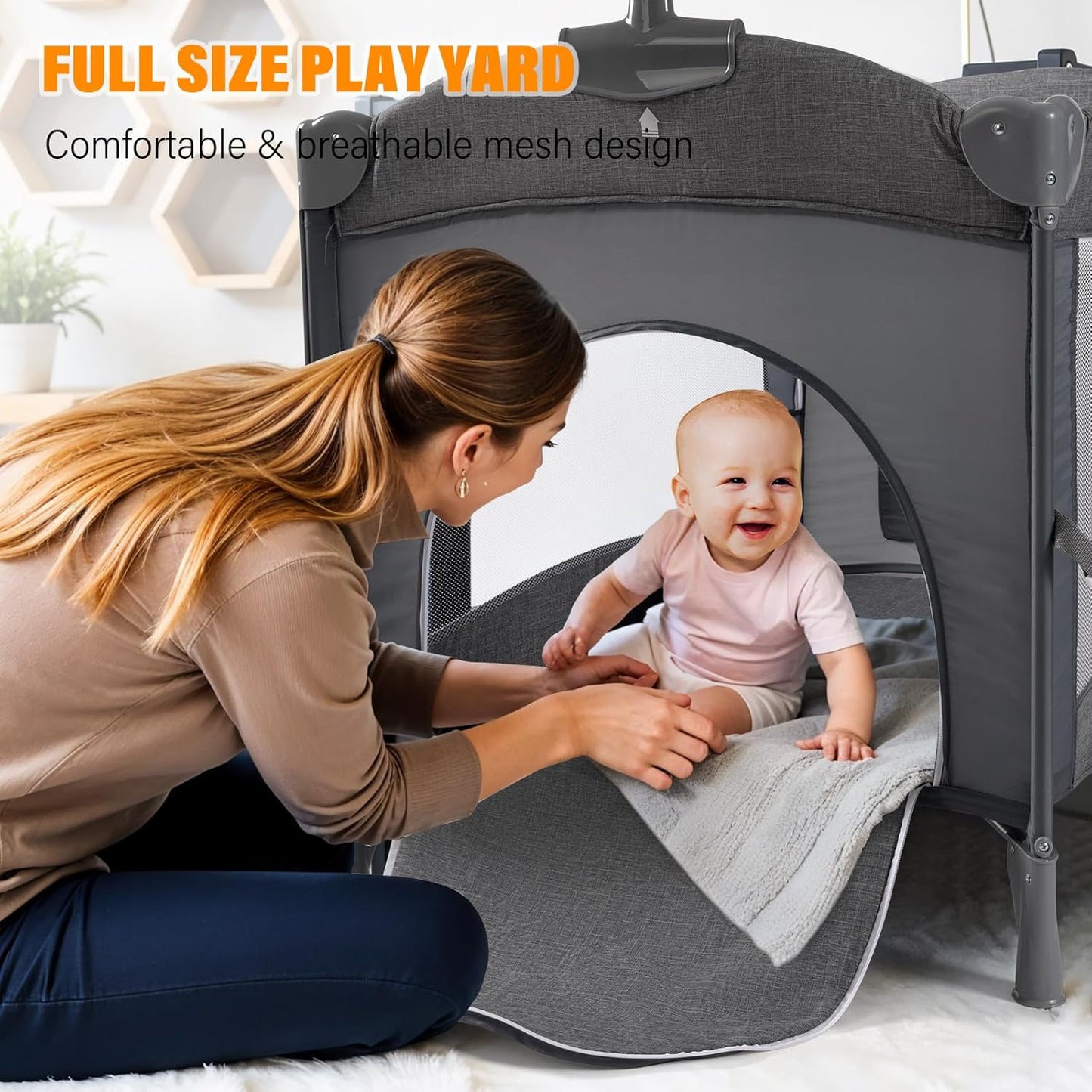 5 in 1 Baby Bassinet, Bedside Cribs, Pack and Play Changing Table, Portable Travel Baby Bassinet Toys & Music Box,Mattress for Girl Boy Infant Newborn (Grey)