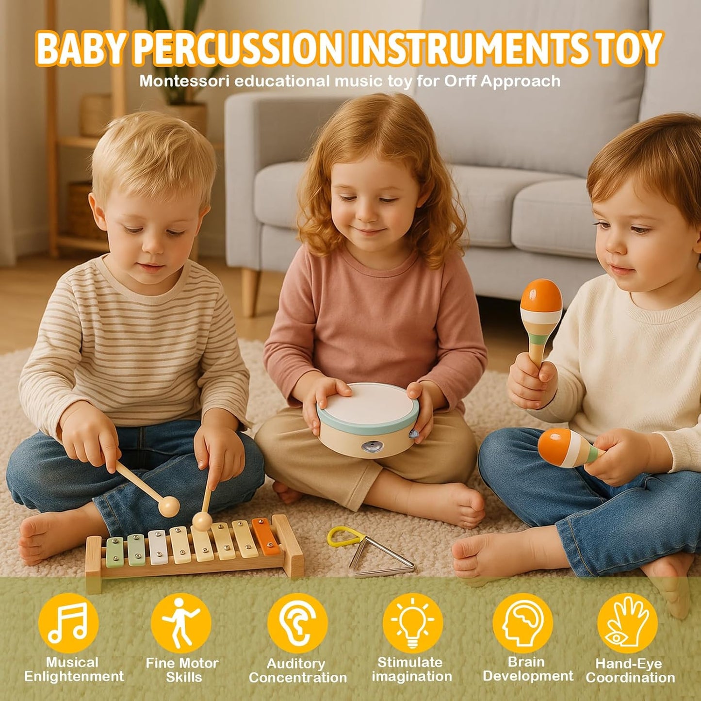 Baby Musical Instruments - Wooden Montessori Toys for Toddlers 1-3, Baby Musical Toys Percussion Instruments Set with Xylophone Tambourine, Neutral Preschool Educational Baby Toys for Boy Girls Gifts