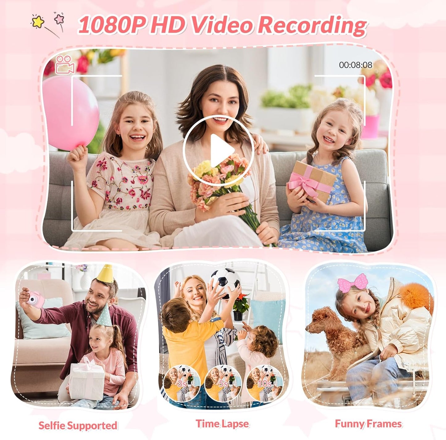 Mafiti Kids Camera,26MP HD Mini Selfie Digital Camera for Kids,Toddler Camera1080P Video,Outdoor Toy for Holiday,Birthday Xmas Gift for 3-8 Years Old Girl Boy,Pink