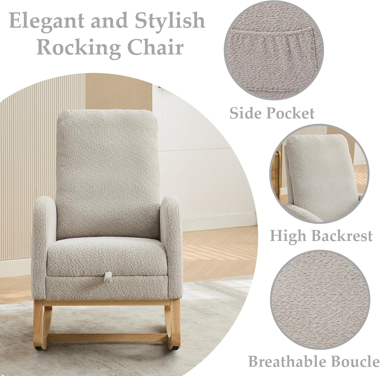 Nursery Rocking Chair with Foot Rest, Upholstered Glider Chair with Two Side Pockets, High Back Nursing Chair, Rocker Accent Armchair for Bedroom Living Room (Light Gray)