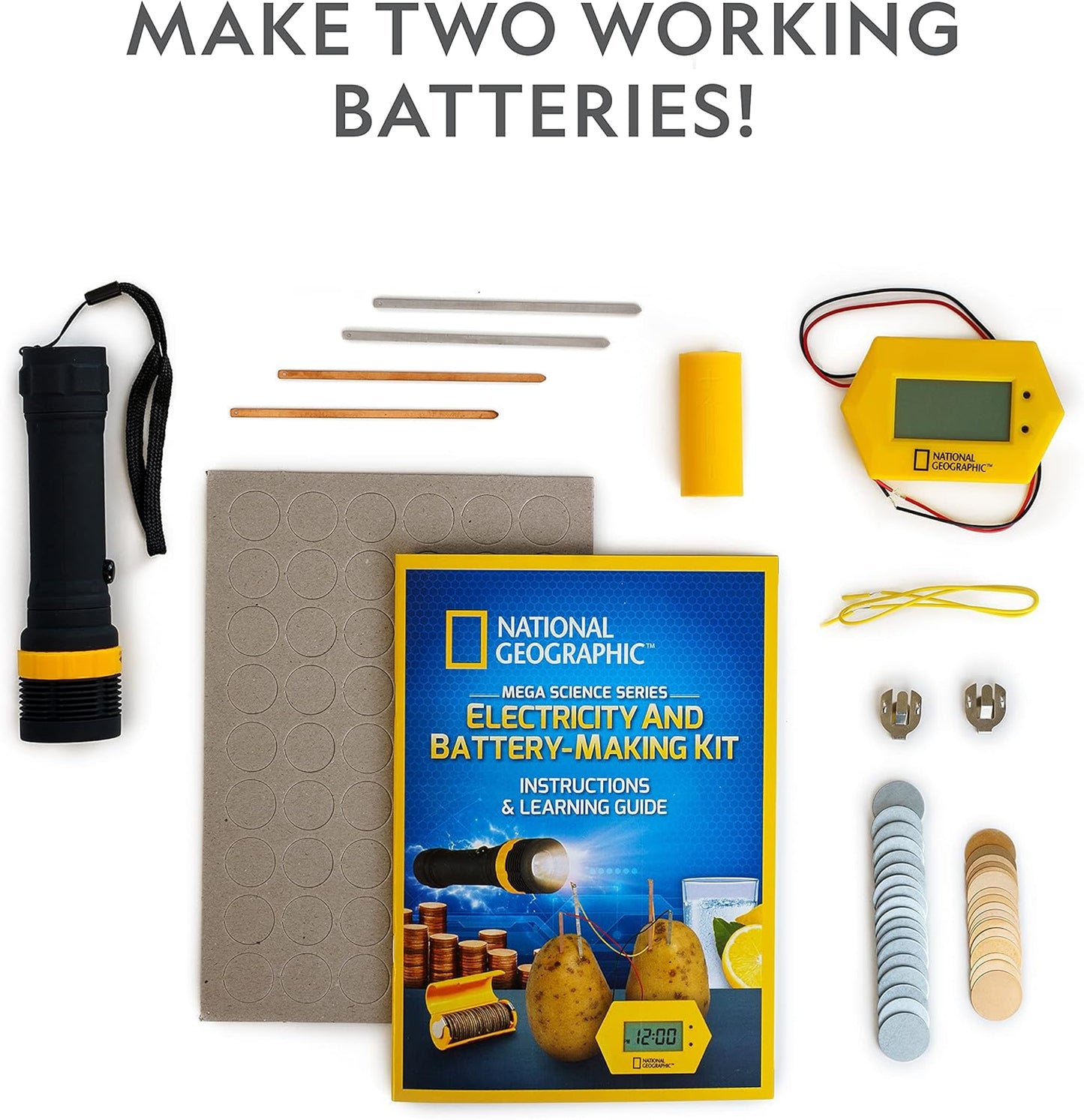 National Geographic Battery Making Kit - Potato Clock and Penny Powered Flashlight Science Kit, 2 Electricity STEM Projects for Kids, Electrical Circuit Toy for Boys and Girls (Amazon Exclusive)