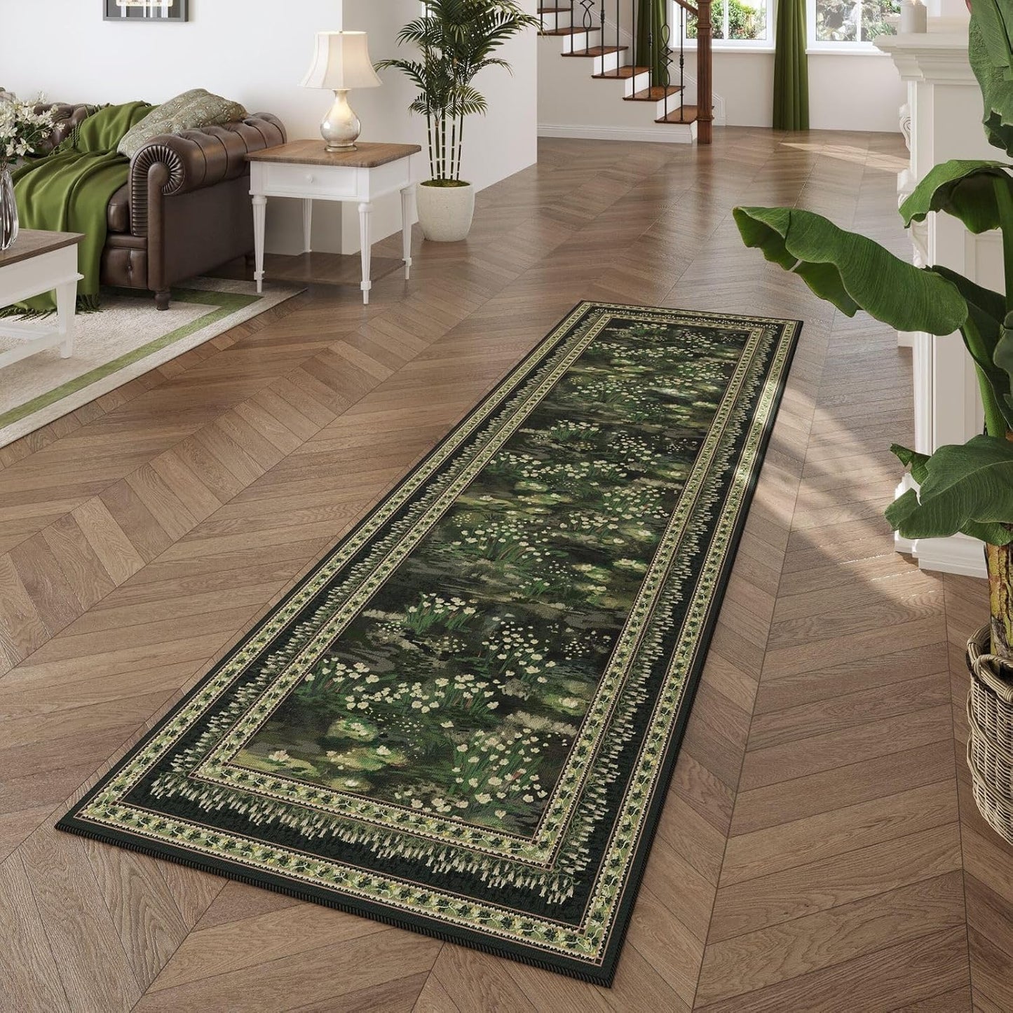 Runner Rug Impressionist-Style Vintage Kitchen Rugs Non Slip Washable Soft Carpet Runner for Kitchen Laundry Bedroom Bathroom, Green