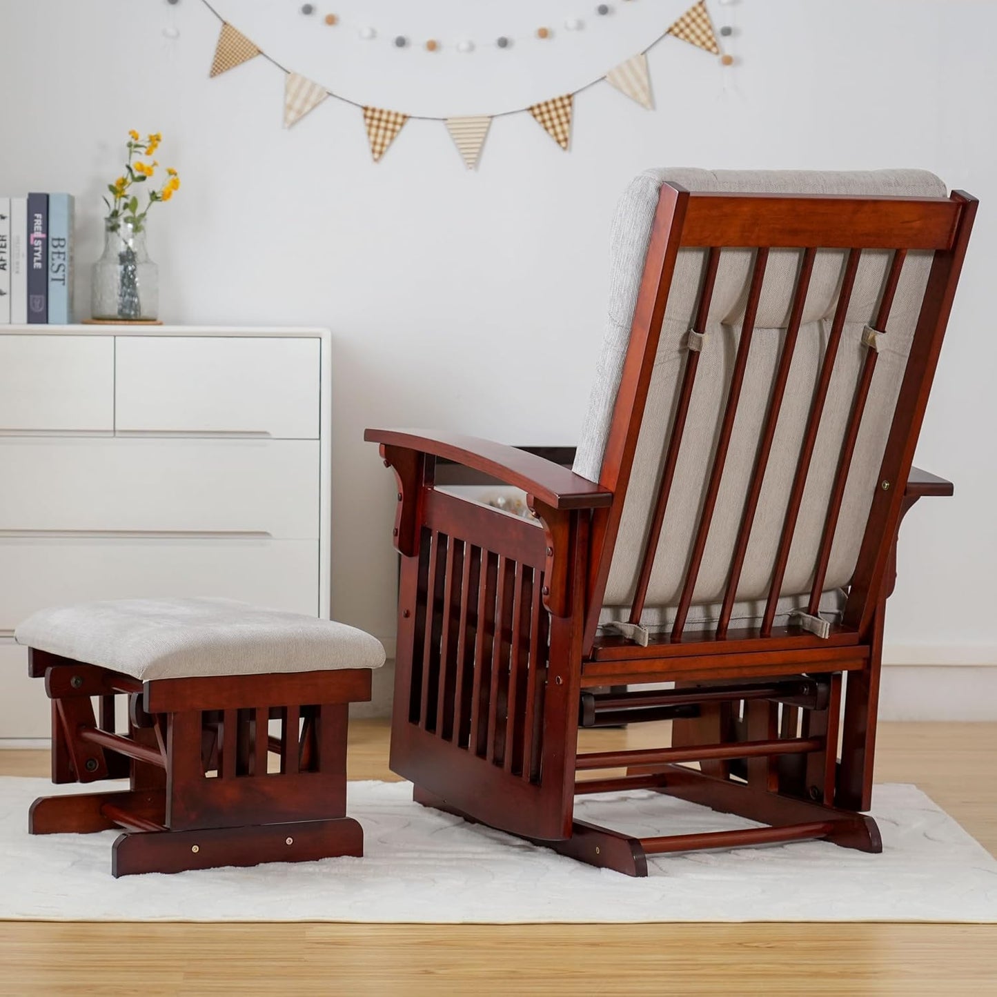 Glider Rocking Chair Nursery with Ottoman Smooth Rocking Motion, Easy to Assemble, Solid Hardwood Base Indoor Adult (White)