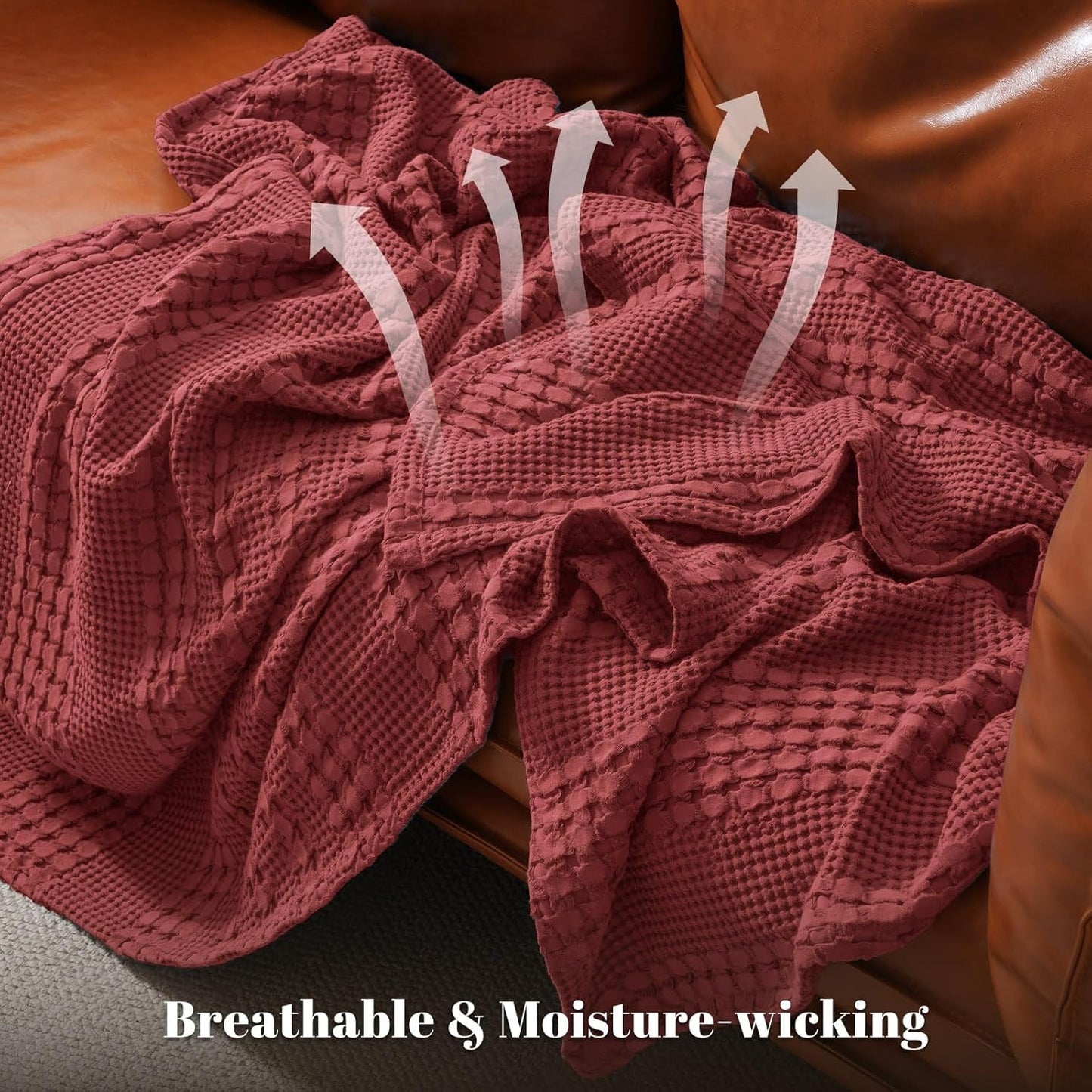 PHF 100% Cotton Waffle Weave Throw Blanket, Soft Lightweight Breathable Cozy Summer Throws for Couch Bed Sofa, Luxury Aesthetic Woven Blanket for Home Decor & Office, 50"x60", Wine Red