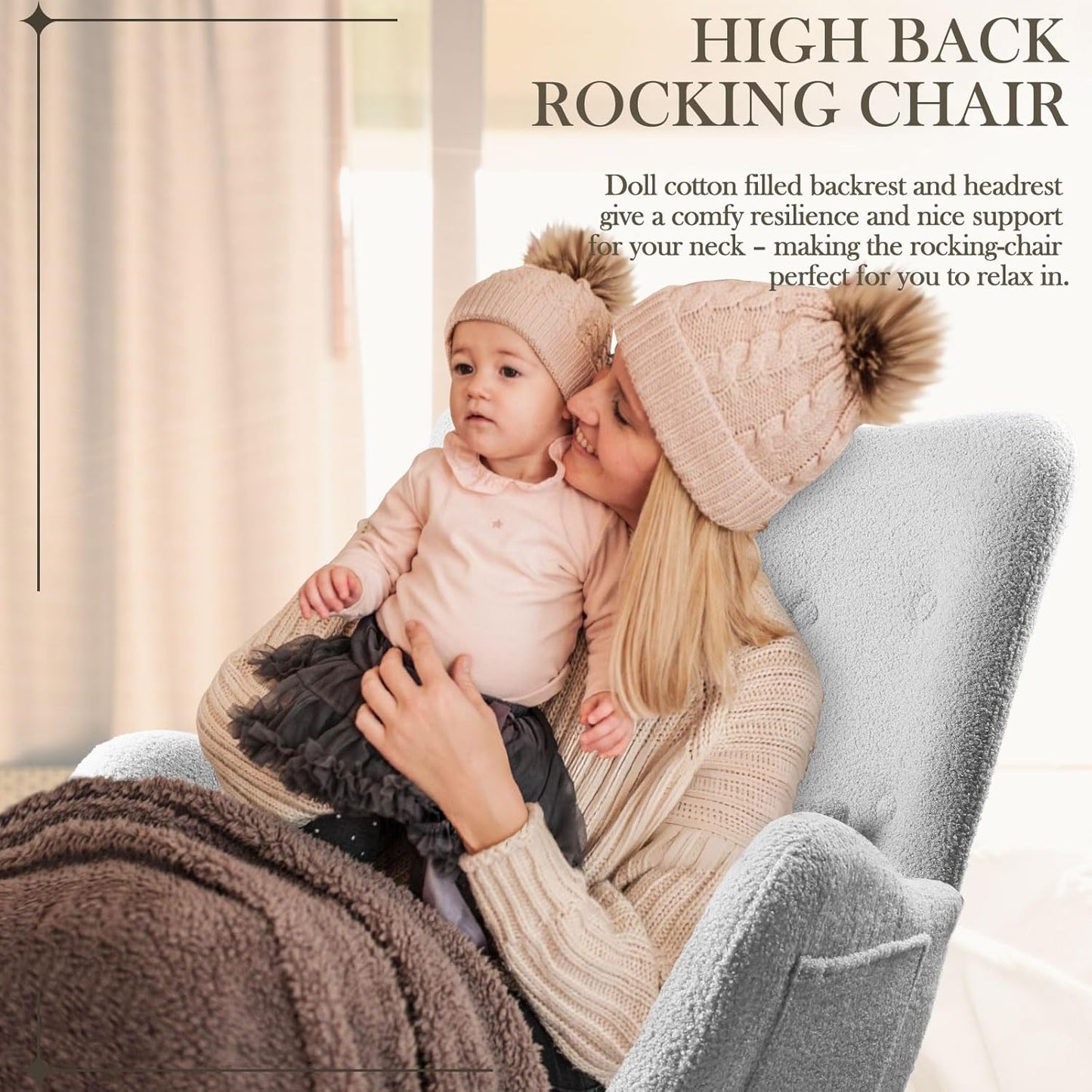 Waleaf Rocking Chair Nursery, Teddy Upholstered Rocking Chair Indoor with High Backrest Glider Accent Chair, Padded Seat Nursing Comfy Chair for Bedroom (Light Gray)