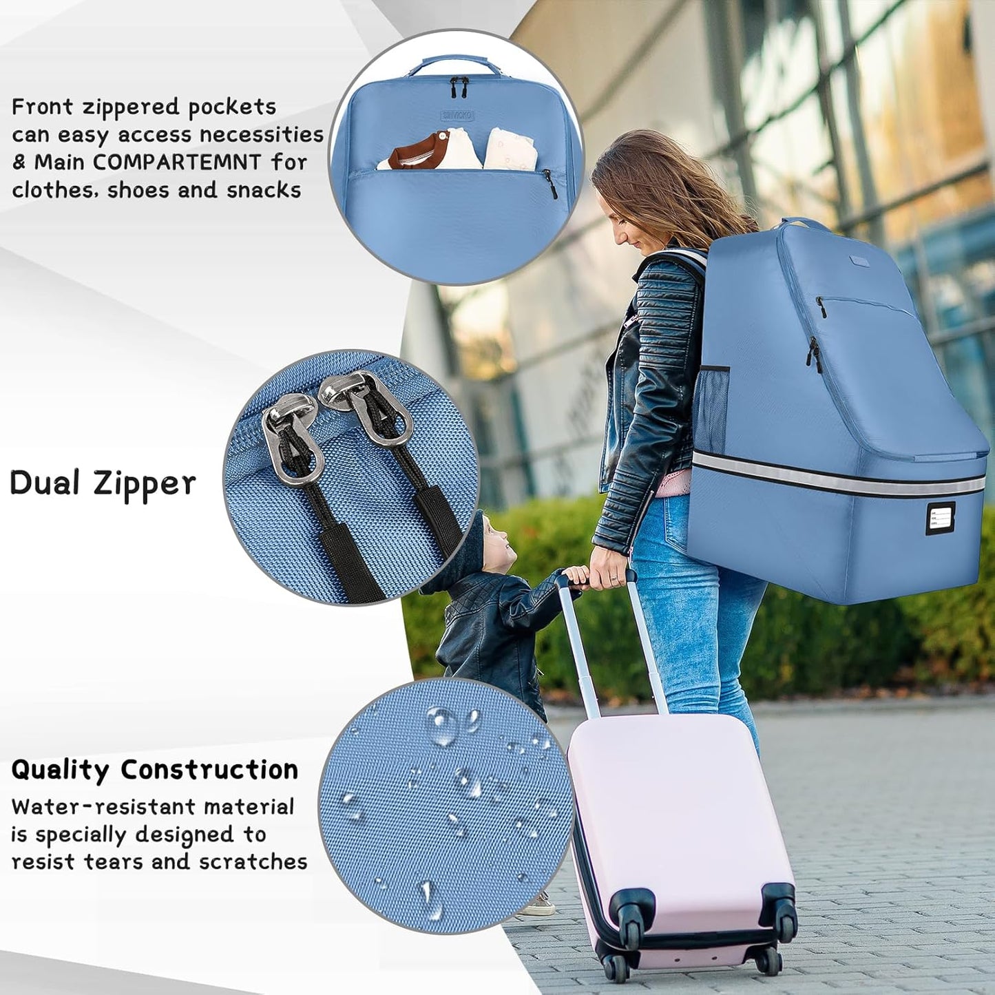 Car Seat Travel Bag - Padded Car Seat Carrier with Steel Cable Handle and Reflective Stripes, Large Durable Airport Gate Check Bag with Shoulder Strap