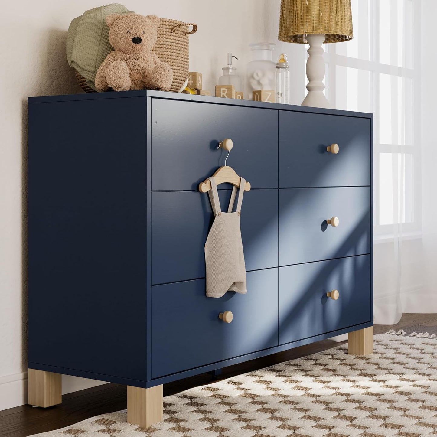 Storkcraft California 6 Drawer Double Dresser (Midnight Blue with Driftwood) – GREENGUARD Gold Certified, Spacious Storage Organizer for Kids’ Room, Safety Interlocking Drawer System