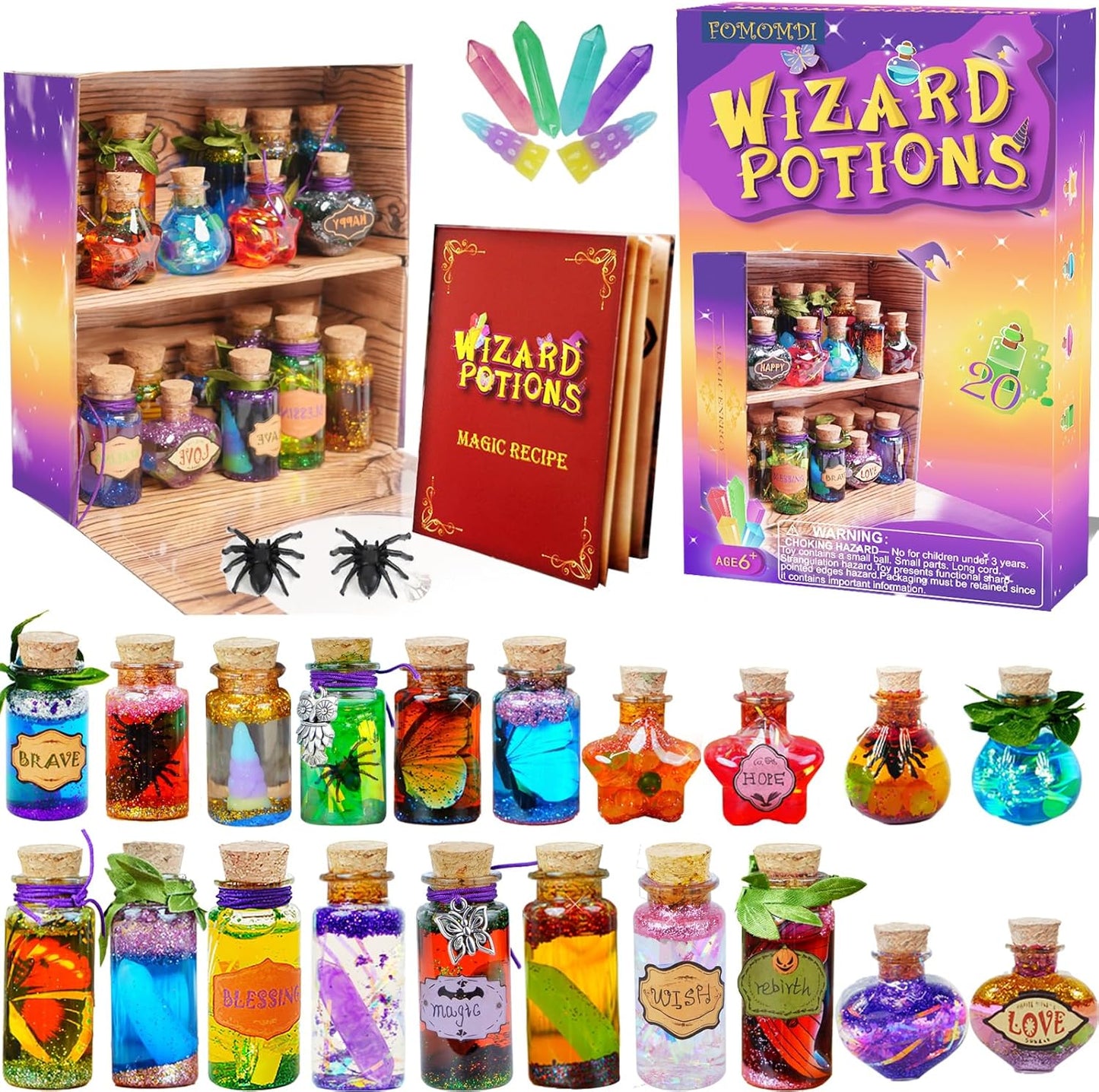 FOMOMDI DIY Magic Crystal Potions Making Kit, Magic Mix 20 Bottles Fairy Wizard Potions, Halloween Christmas Birthday Gift for Girls Kids Ages 6-12