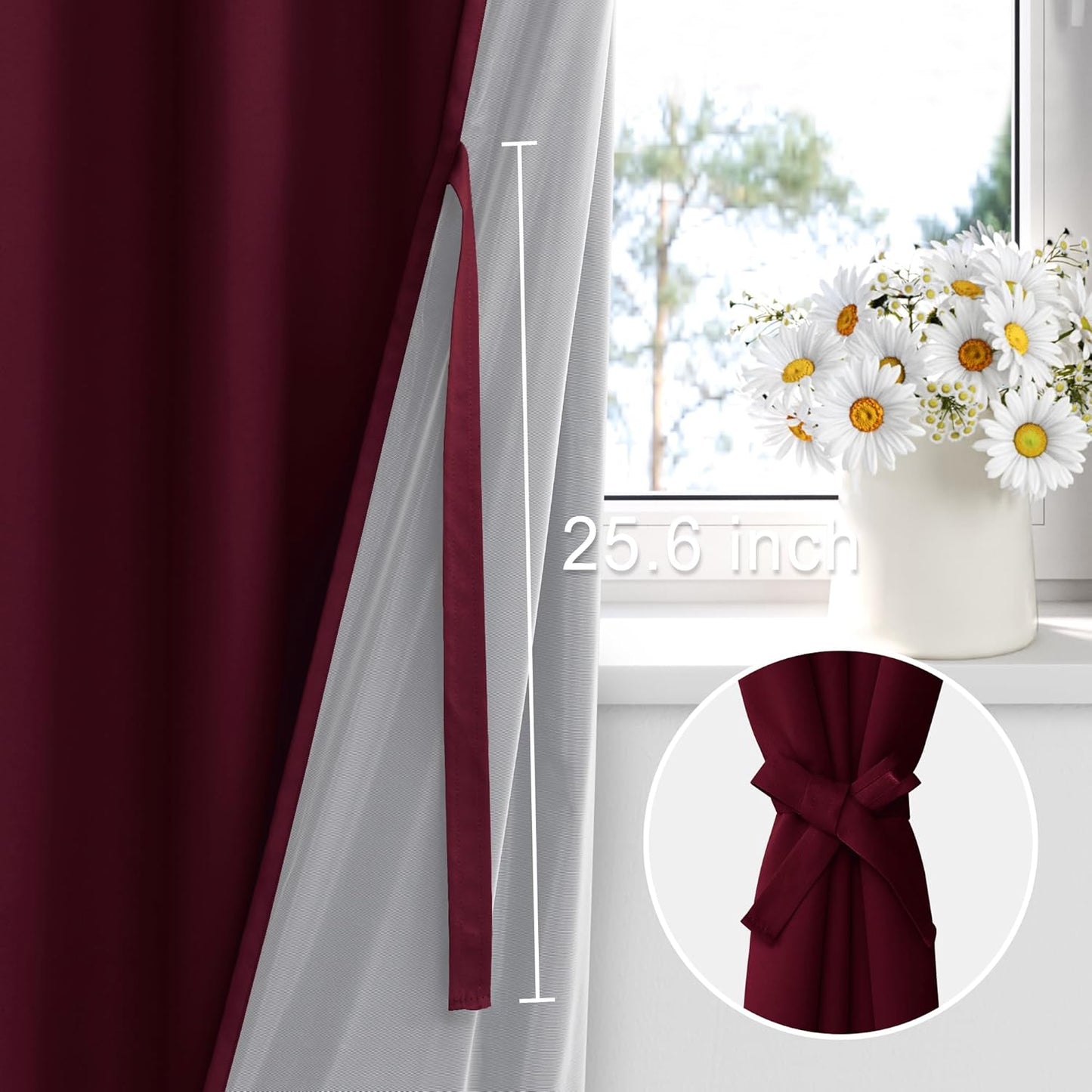 XWZO 100% Blackout Curtain Panels - Extra Long Rod Pocket Thermal Insulated Black Liner Curtains, Noise Reducing and Heat Blocking Drapes for Bedroom with Tiebacks, Burgundy, W52 x L108, Set of 2