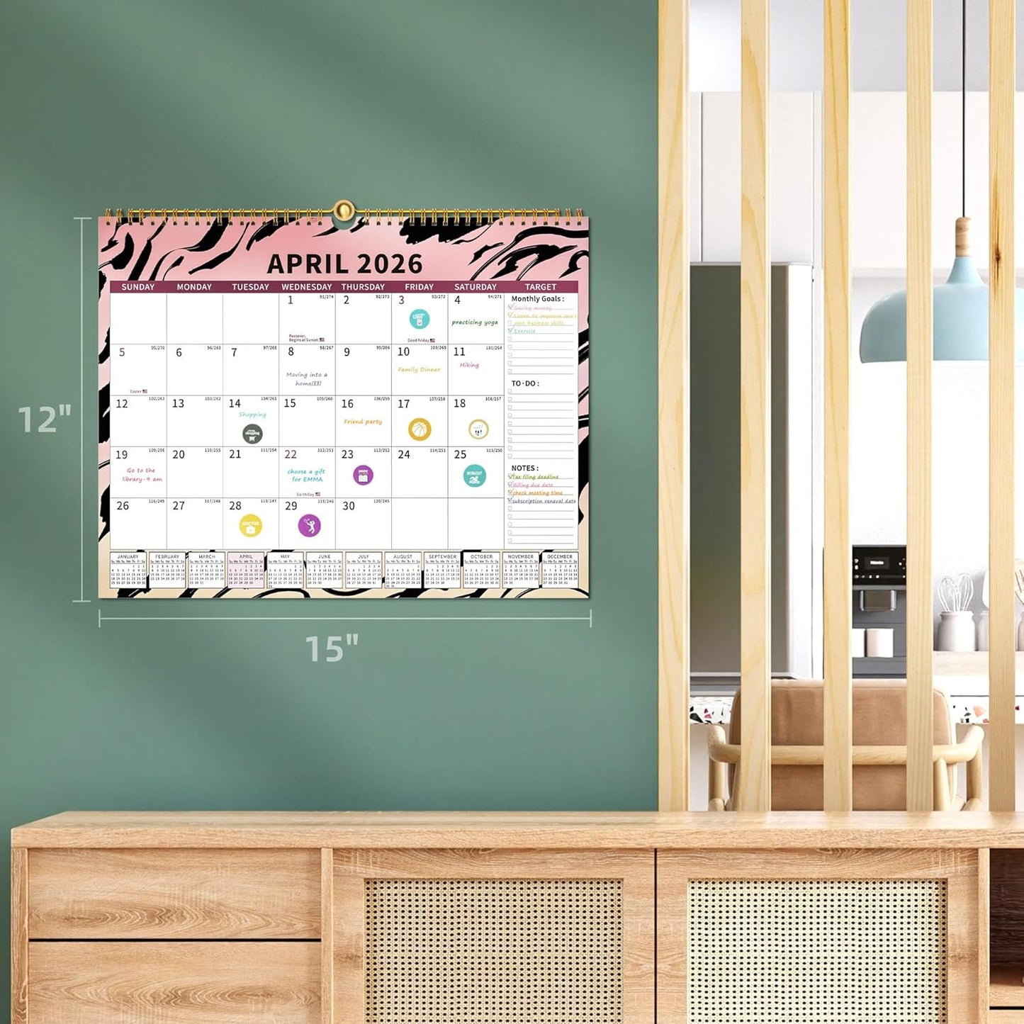 2025-2026Calendar, 18 Month Wall Calendar 2025-2026 Hanging Spiral Bound Magnetic Fridge Desk Calendars 15" x 12", Jul 2025 - Dec 2026, A- Small Rainbow