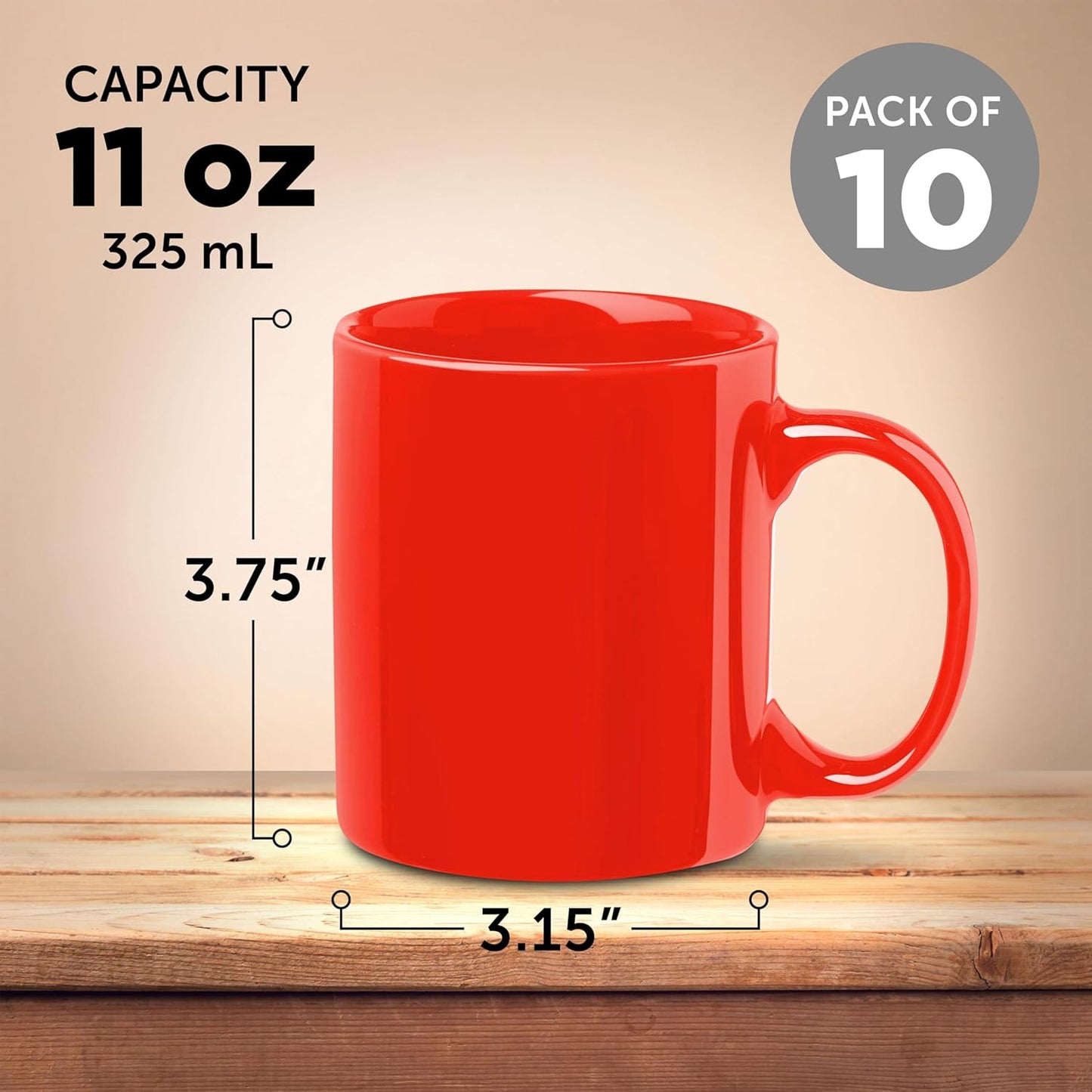 DISCOUNT PROMOS Ceramic Coffee Mugs 11 oz. Set of 10, Bulk Pack - Coffee cup set, Iced coffee cup, Gaming mug - Red