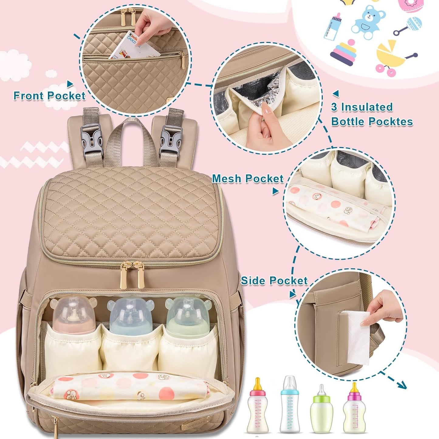 Weitars Diaper Bag Backpack Large Baby Diaper Bag with Changing Pad Travel Diaper Backpack,Baby Bag for Boys Girls,Stroller Straps,5 Insulated Pockets (Khaki)