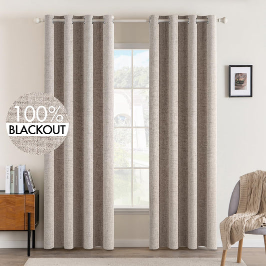 MIULEE Linen Texture Curtains for Bedroom Solid 100% Blackout Thermal Insulated Khaki Curtains Grommet Room Darkening Drapes Luxury Decor for Living Room Nursery 52x96 Inch (2 Panels)