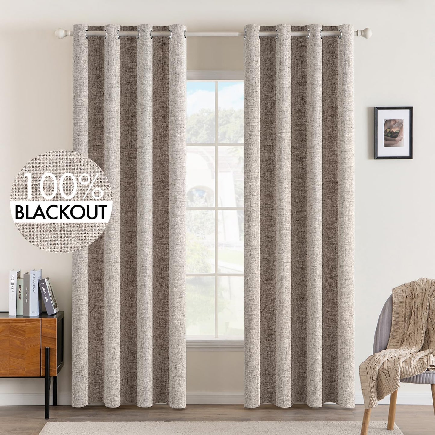 MIULEE Blackout Curtains for Bedroom Linen Texture Solid Thermal Insulated Natural Khaki Grommet Room Darkening Curtains & Drapes Luxury Decor for Living Room Nursery 52x72 Inch (2 Panels)