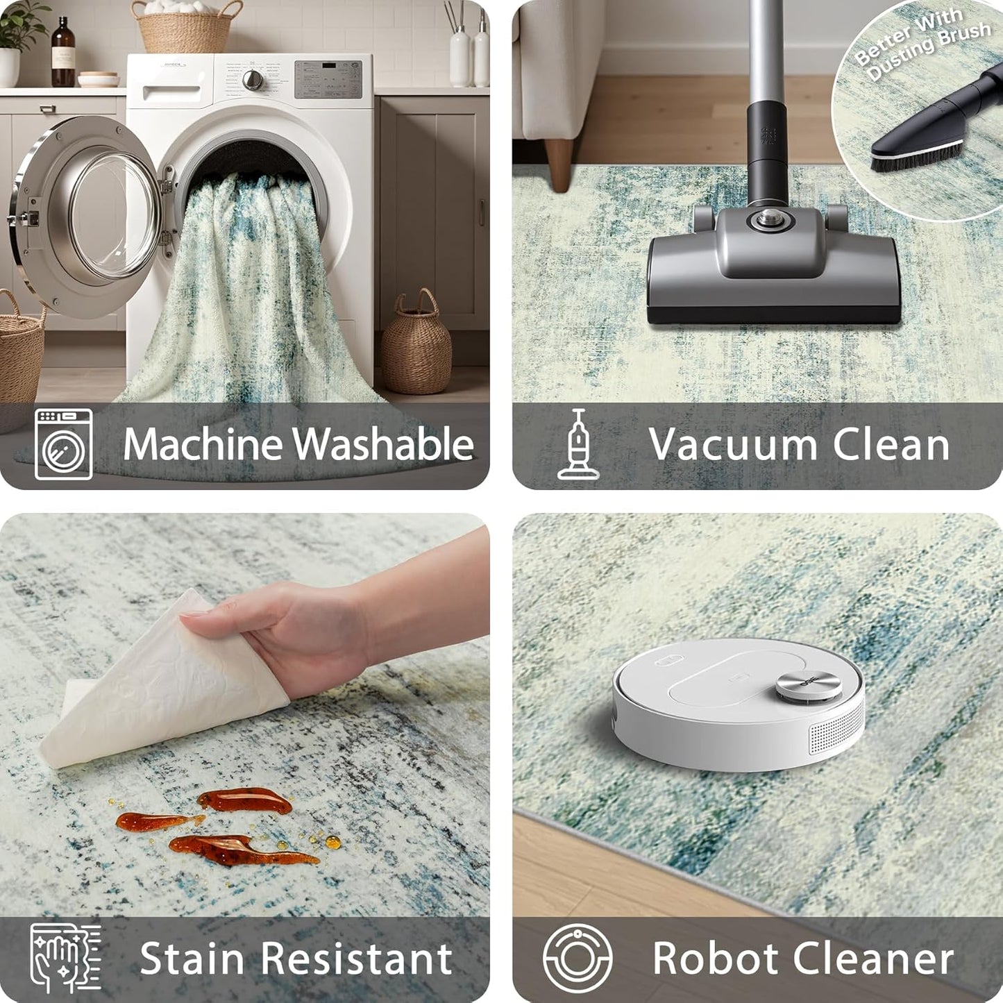 Area Rug 9x12 Washable Rugs: Abstract Large Living Room Rugs with Non-Slip Backing, Thin Carpet for Dining Room Table Bedroom Nursery Indoor Home Office-Blue/Gray