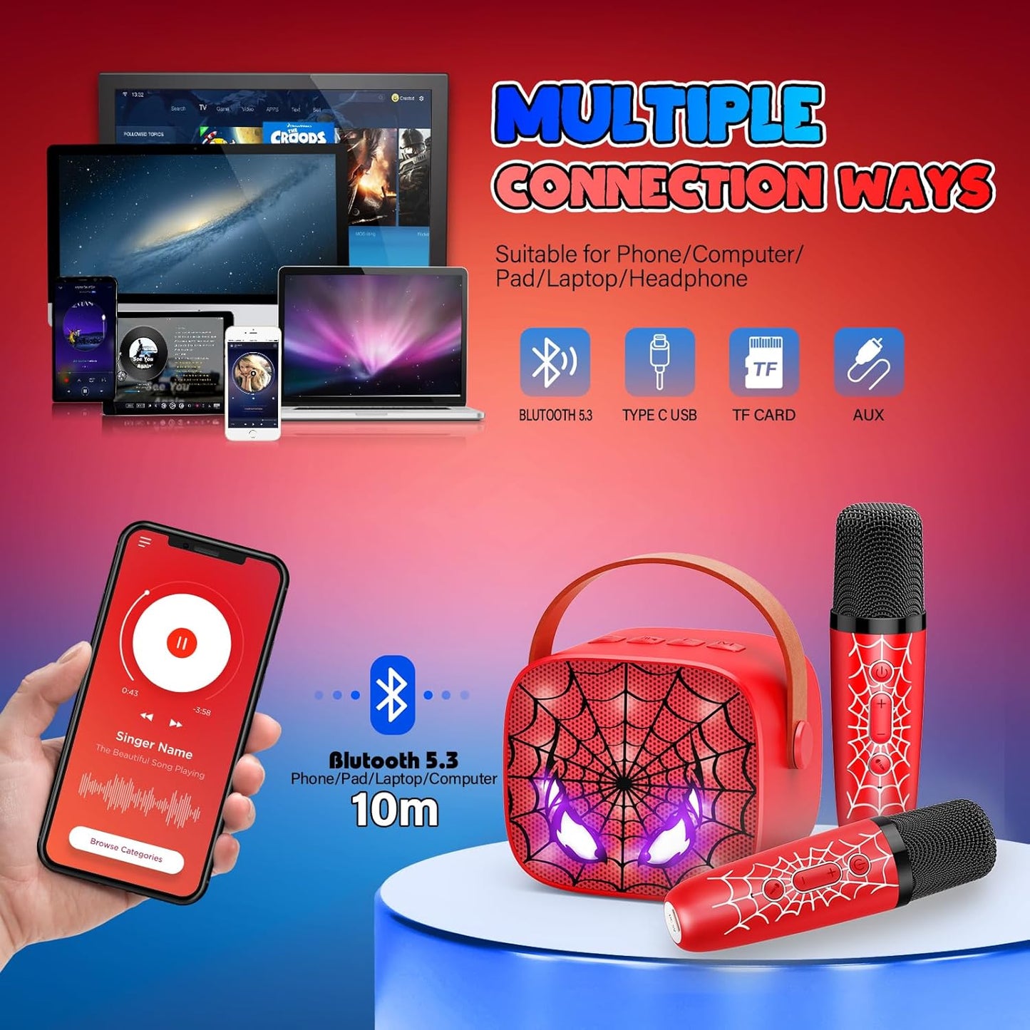 Mini Karaoke Machine Toys Gifts: Kids Toys Birthday Gifts for 4 5 6 7 8 9 Years Old Girl Boy LED Portable Bluetooth Speaker with 2 Wireless Microphone Girl Boy Kid Adult Gift Age 3-12+