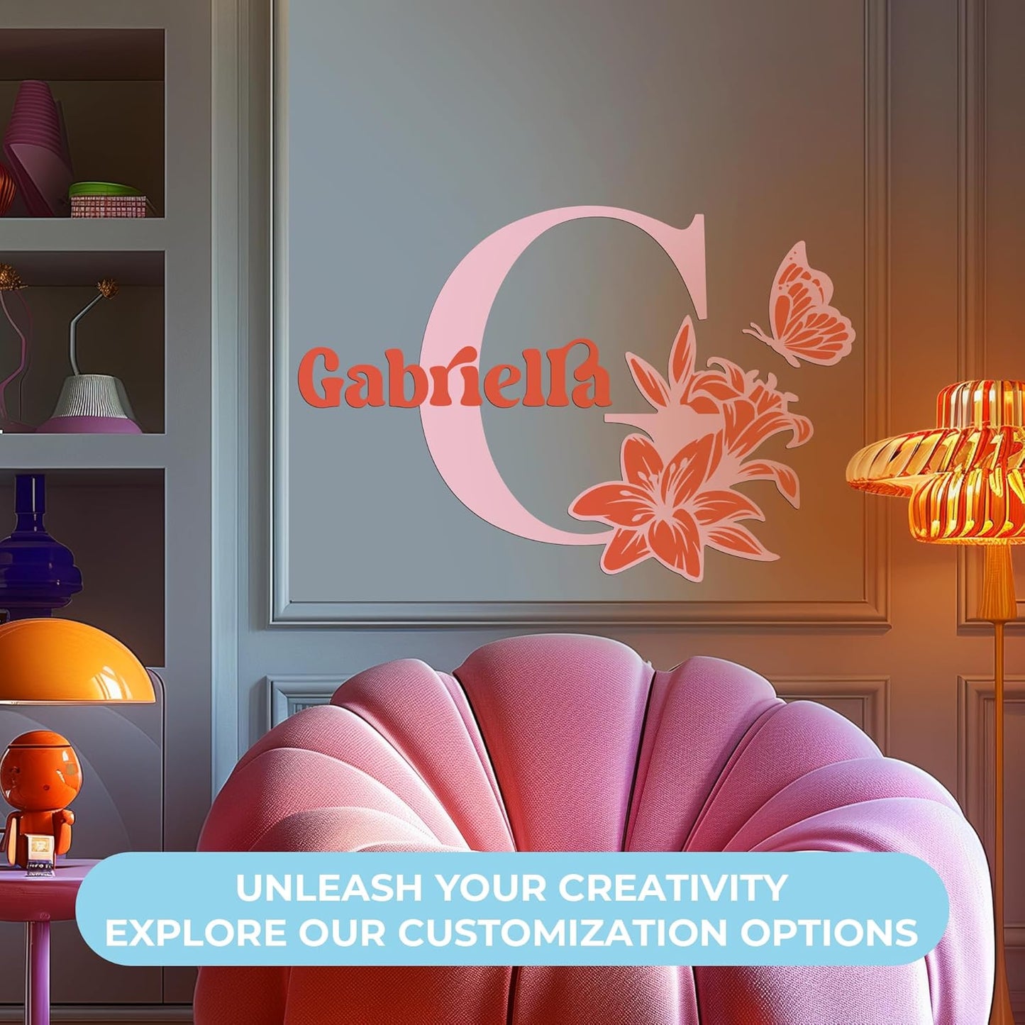 CRYPTONITE Custom Name & Initial with Lily and Butterfly I Flower Wall Decals for Bedroom Decor | Custom Decal for Girl Bedroom Decor I Pink Room Decor for Little Girl Room Decor (B. Flower)