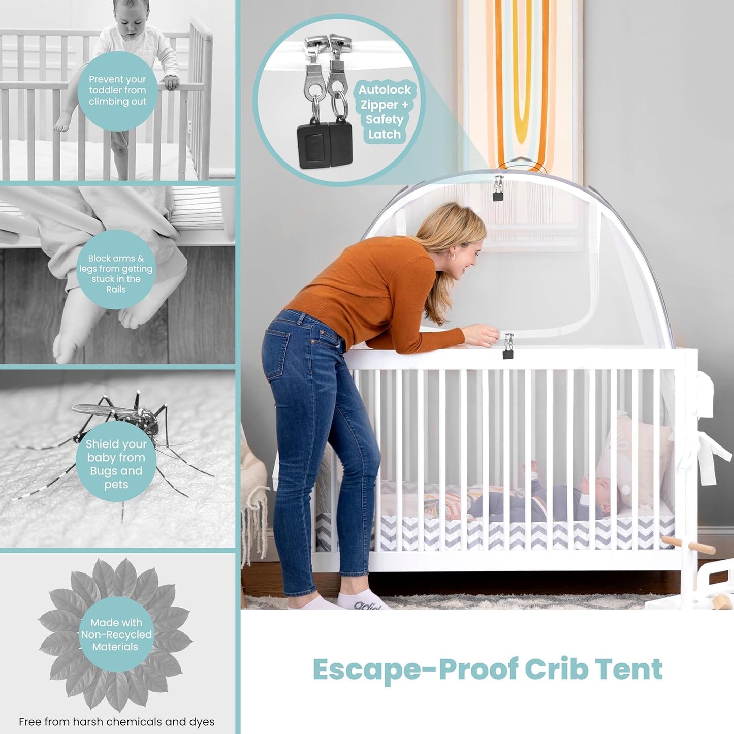Breathable Mesh Crib Tent to Keep Baby from Climbing Out, Crib Net Canopy with Auto-Lock Zipper and Safety Latch, Crib Net to Keep Baby in, Crib Cover for Safety (Mosquiteros para Cunas de Bebes)