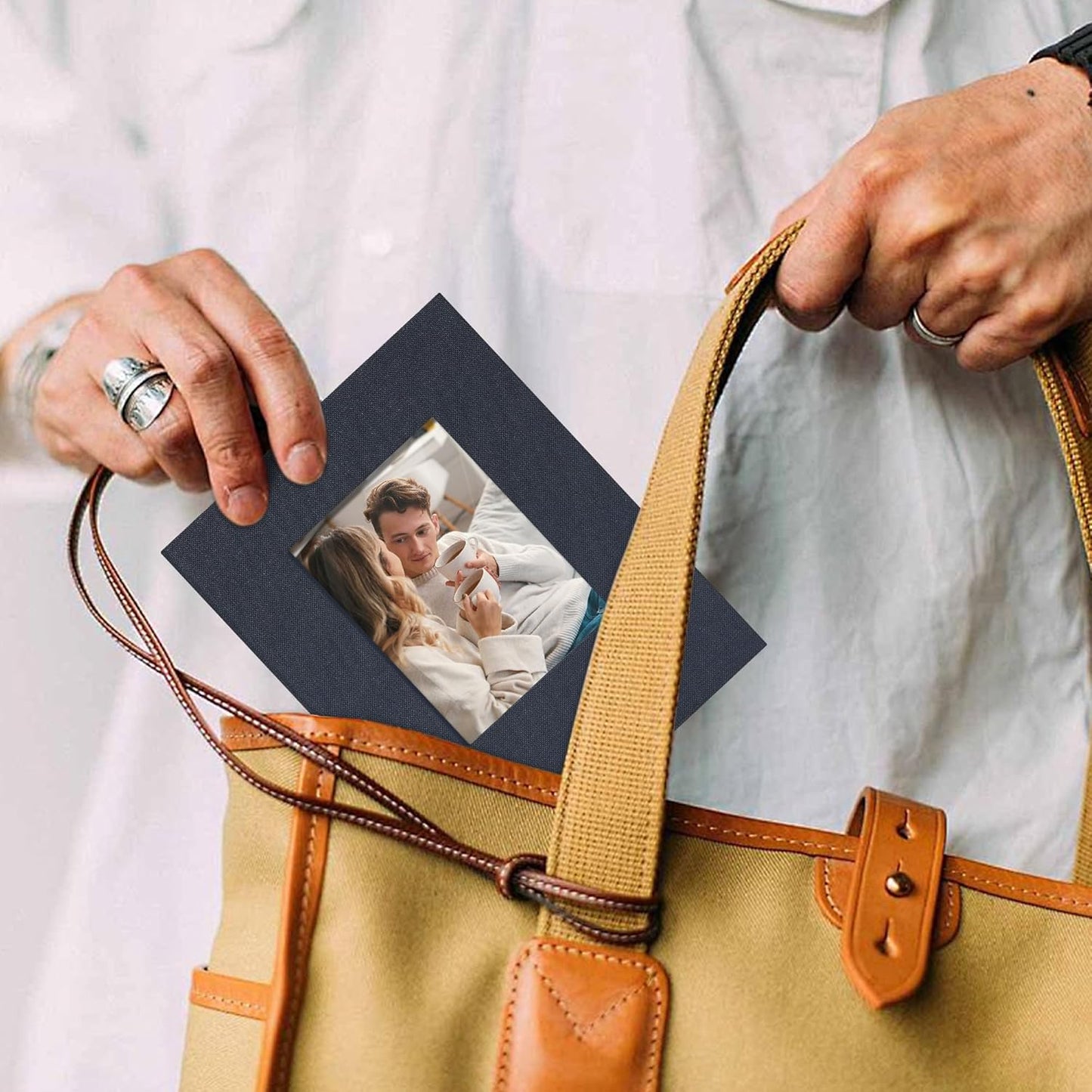 Small 4x6 Photo Album 24 Pockets Linen Cover with Front Window Portable Mini Picture Book for Travel Wedding Memories Organizer Gray Blue