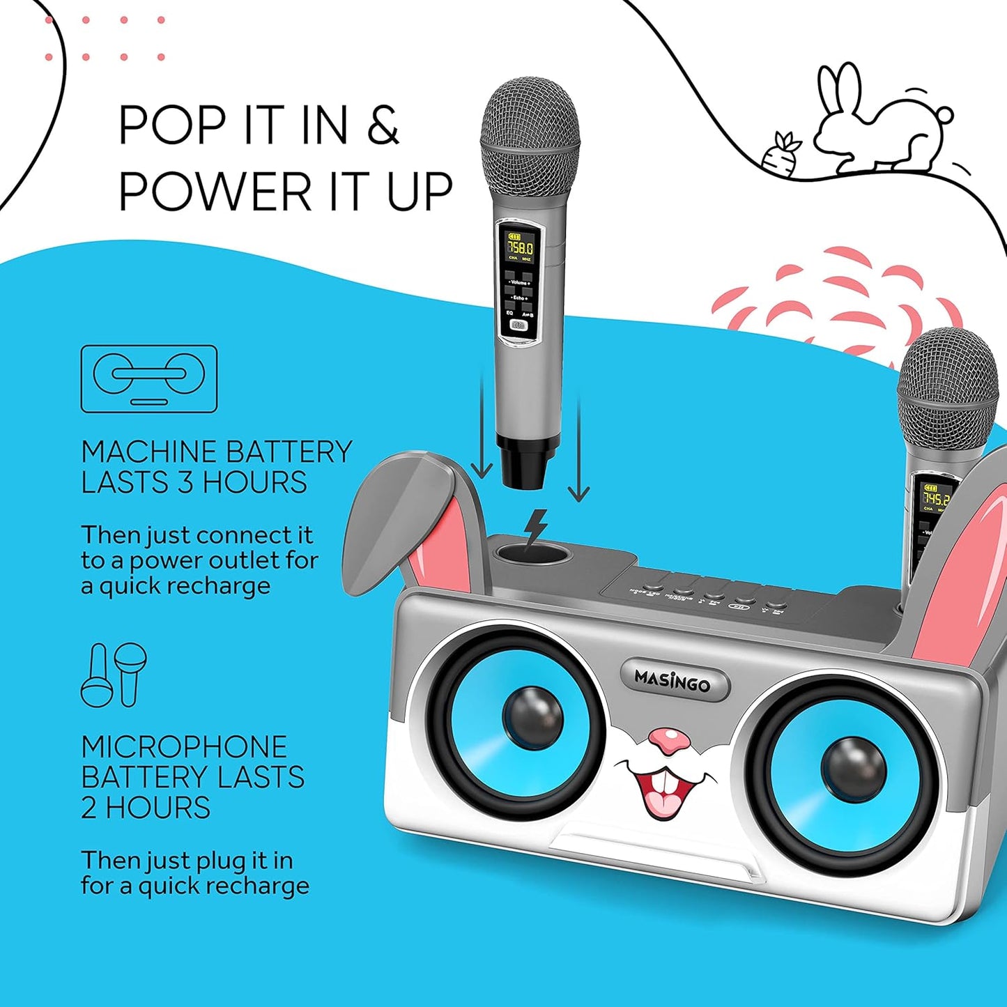 Rabbit Karaoke Machine for Kids, Children and Toddlers with 2 Wireless Bluetooth Microphones, Portable PA Speaker System Includes Lyrics Display Phone Holder, TV Cable and Singer Vocal Removal Mode