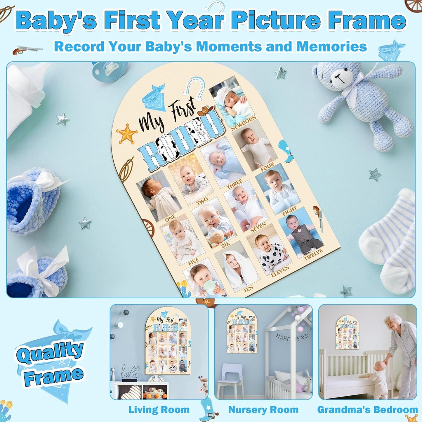 R HORSE 3D My First Rodeo Birthday Wood Photo Display Board, Blue Cowboy Baby's First Year Picture Frame, 1-12 Months Milestone Board Birthday Decorations Keepsake Gift for Baby Boys Nursery Decor
