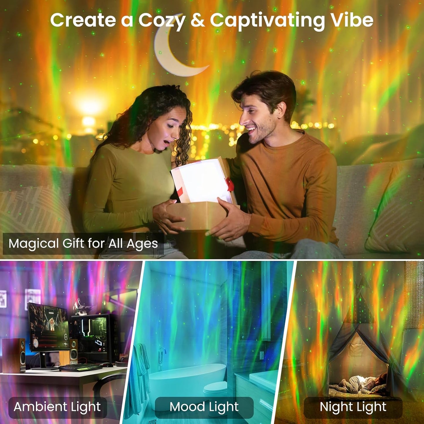 Star Projector with Bluetooth Speaker, 1800mAh Battery Operated Night Light Galaxy Projector, Northern Lights Aurora Projector with Moon, Mood Ambient Lighting for Bedroom Kids Girls Adults