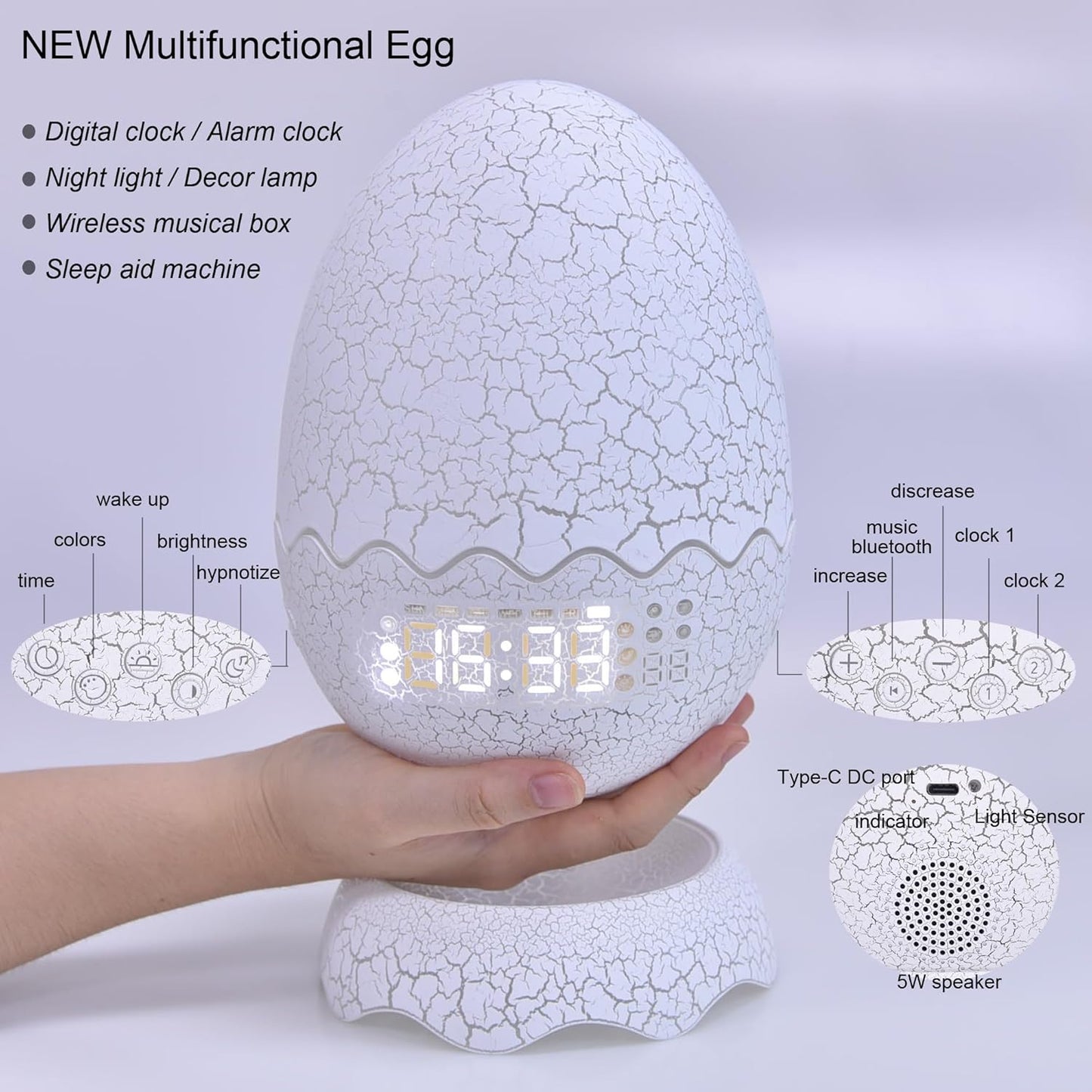 Unique Dragon Egg Digital Clock Ok to Wake Up Alarm Clock with Night Light / Lullaby White Noise / Bluetooth Speaker, Remote Control 16 Colors & Brightness & Volume, Cool Dragon Gift for Kids/Adult