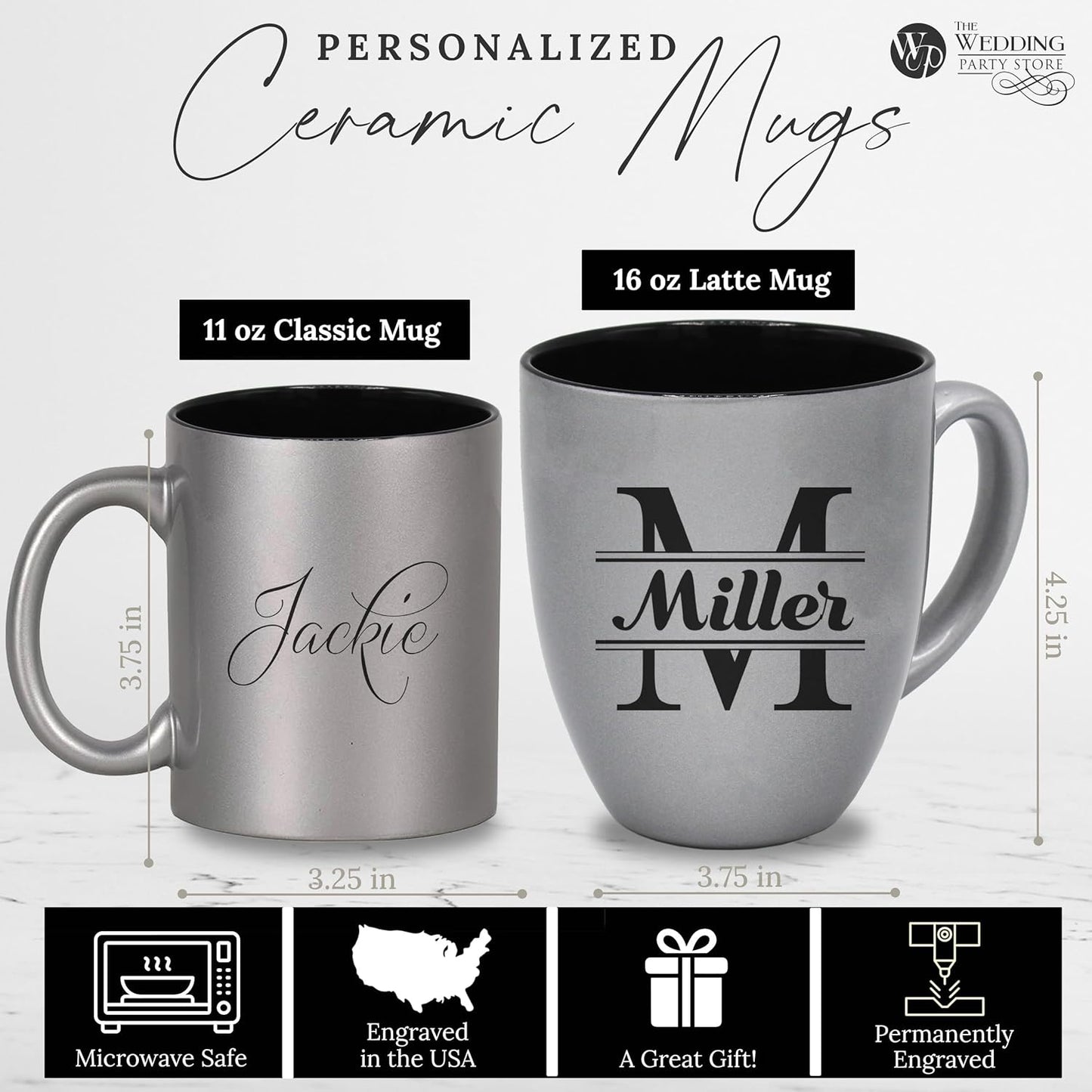 Custom Engraved Coffee Latte Mug - Personalized Coffee and Tea Cup (Silver)
