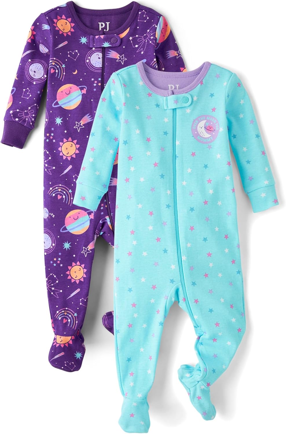 The Children's Place,Baby Girls,and Toddler 100% Cotton Long Sleeve Zip Front One Piece Footed Pajamas,Sleep & Play,Purple Planets 2-pack,6 Months,9 Months