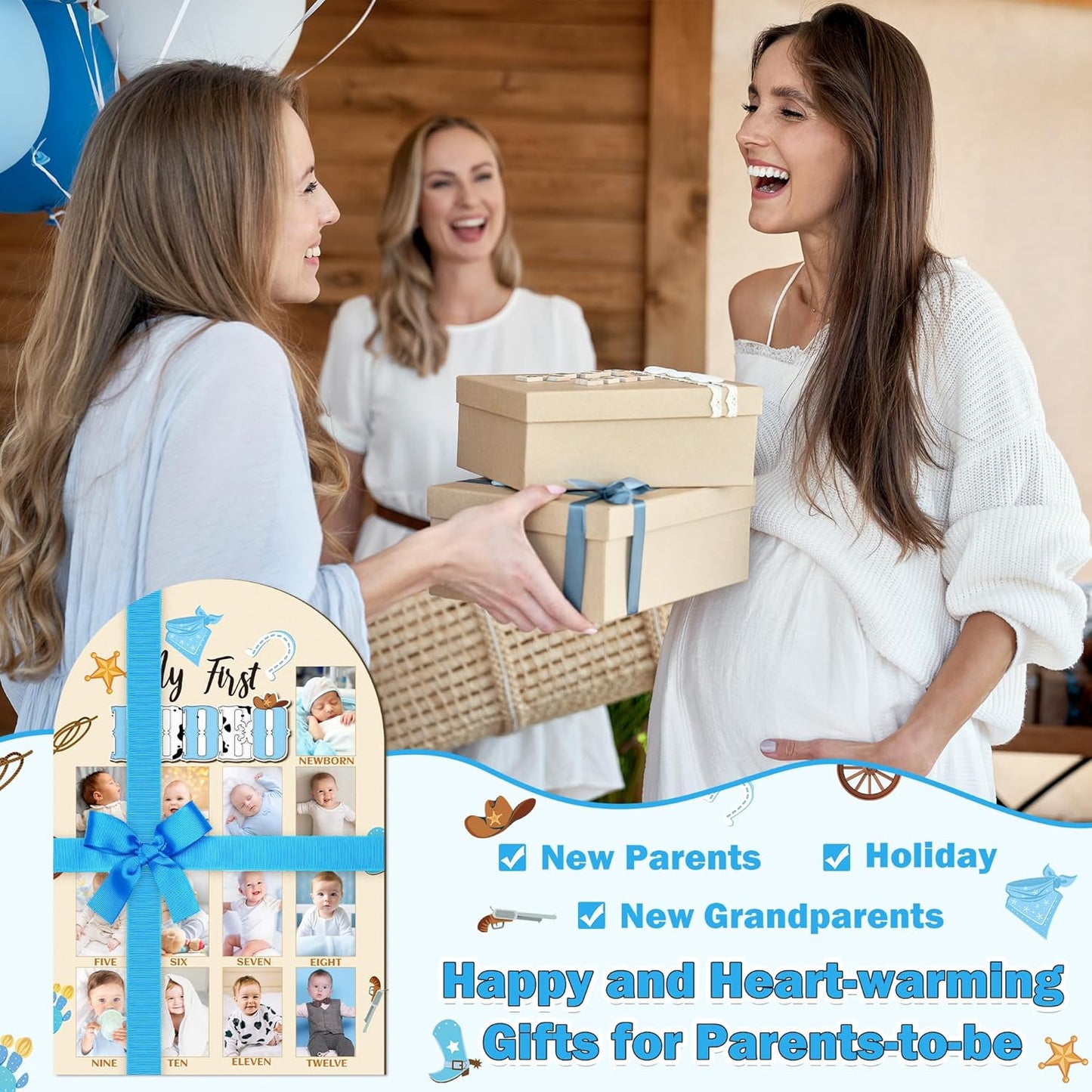 R HORSE 3D My First Rodeo Birthday Wood Photo Display Board, Blue Cowboy Baby's First Year Picture Frame, 1-12 Months Milestone Board Birthday Decorations Keepsake Gift for Baby Boys Nursery Decor