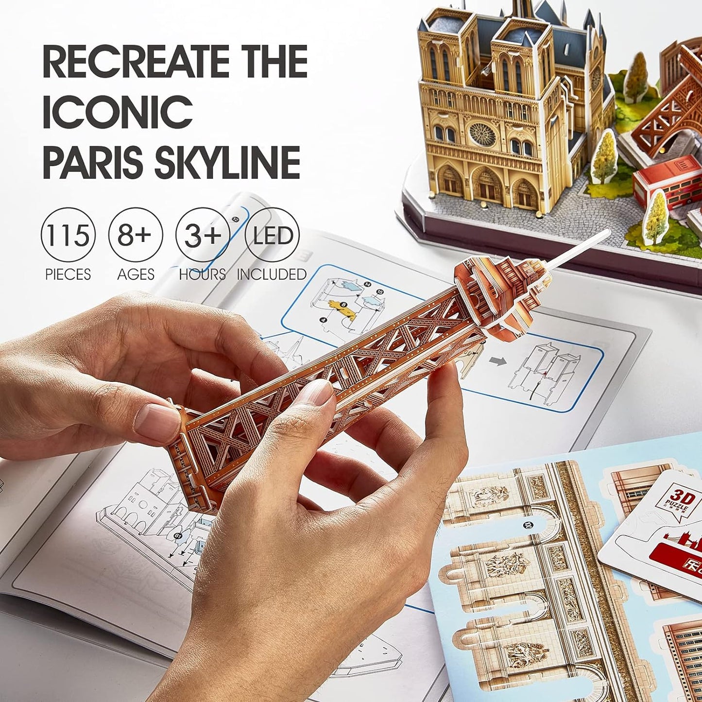 CubicFun 3D Puzzle LED Paris Cityline, 115 Pieces, 1 Count, Ages 8-12, Modern Style, Unisex, Gray, Intermediate Skill, Patience Skill, 15.748 x 4 x 12.87 inches, Assembly & Disassembly, PUZZLES