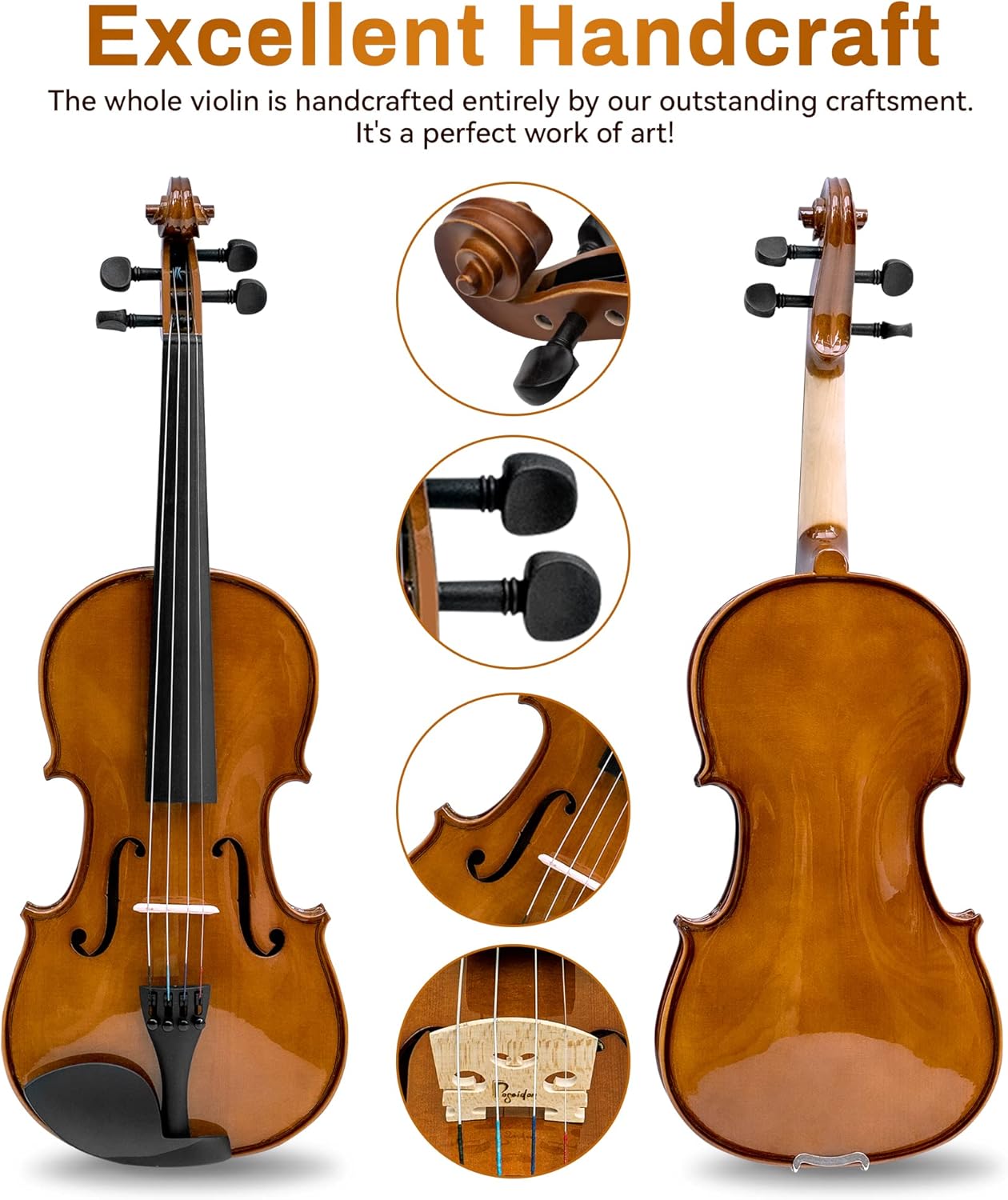 Poseidon Violin for Beginners Adult Fiddle Set, Acoustic Violin Solid Wood Violin 4/4 with Case, Two 4/4 Strings, Two Bows, Two Bridges, Two Rosins, Clip-on Tuner, Shoulder Rest Manual - Glossy German