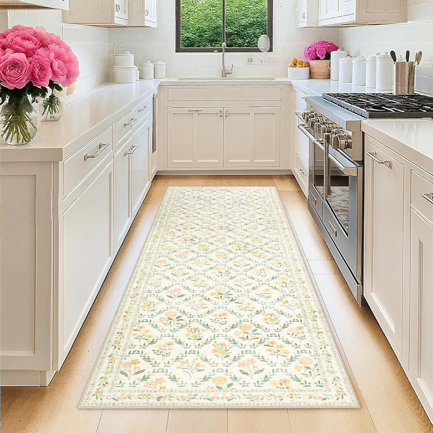 Runner Rug for Entryway: 2x10 Kitchen Rugs Non Slip Washable Ultra-Thin Soft Floral Carpet Indoor Floor Stain Resistant Carpets for Hallway Bedroom Kitchen Laundry Bathroom Dorm Beige/Multi