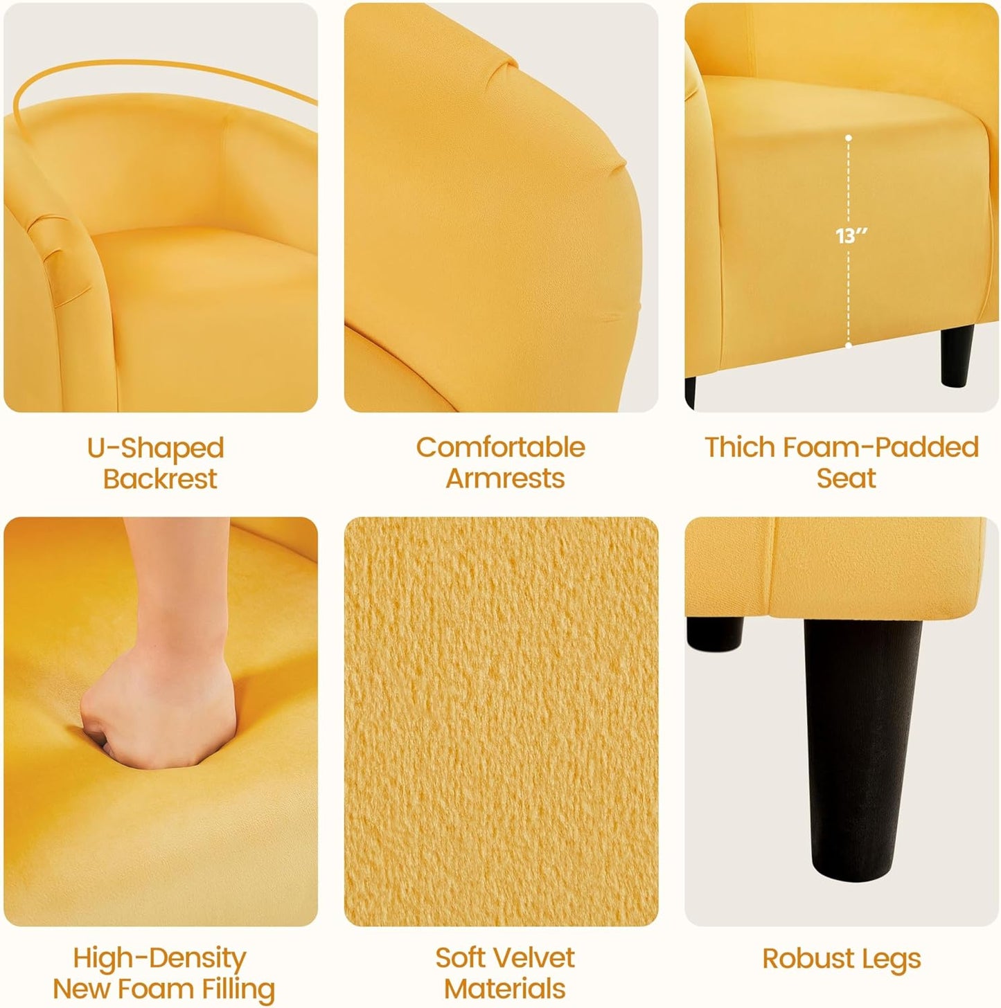 Yaheetech Yellow Chair, Accent Chair for Bedroom, Armchair for Living Room, Velvet Fabric Club Chair with Soft Padded Seat and Sturdy Legs for Bedroom Waiting Room, Yellow