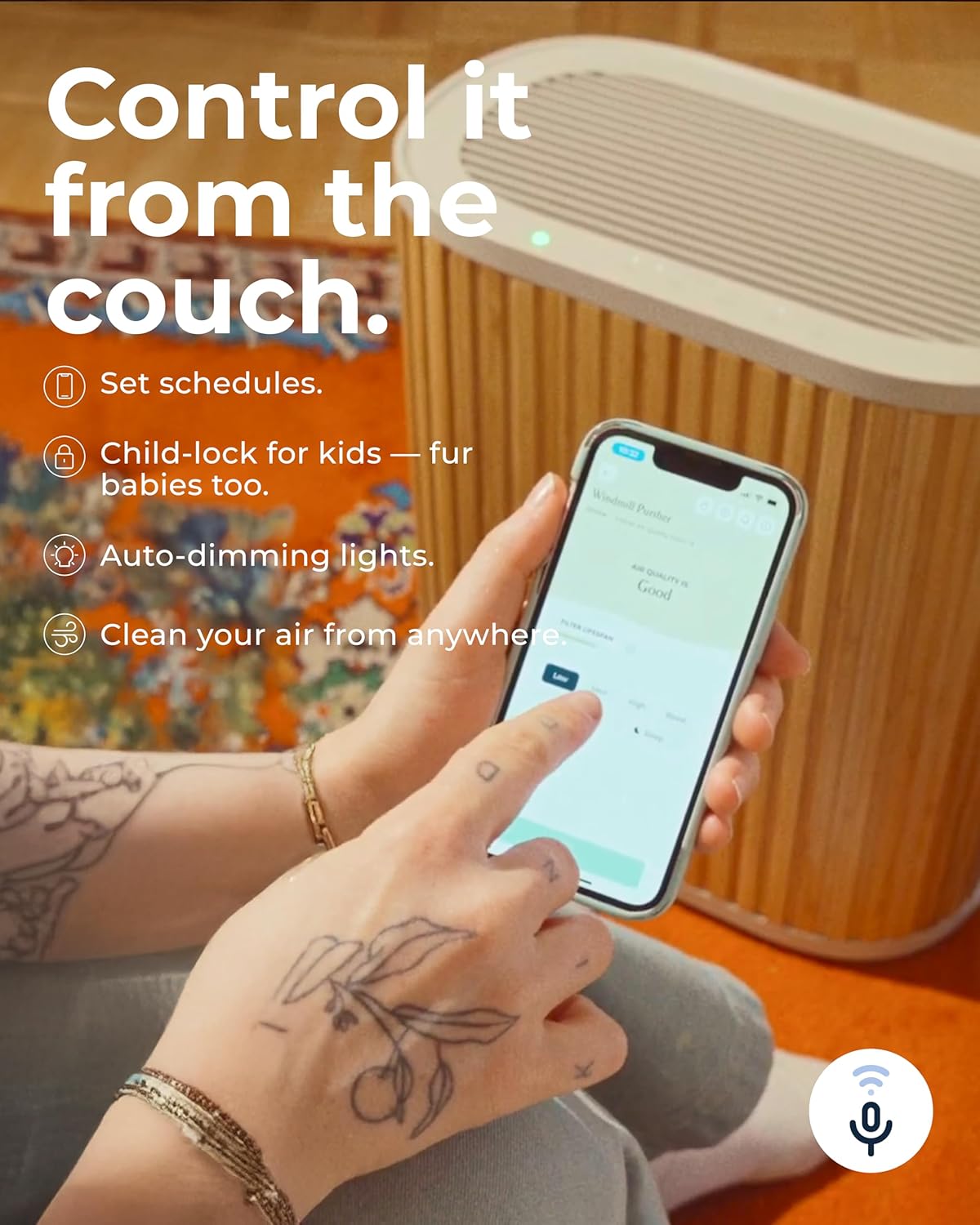 Windmill Air Purifier for Home - 3-In-1 Filtration for Smoke & More - True HEPA Filter, Activated Carbon, & Pre-Filter - Covers Up To 1950 sq ft - Ultra-Quiet - App Compatible - White