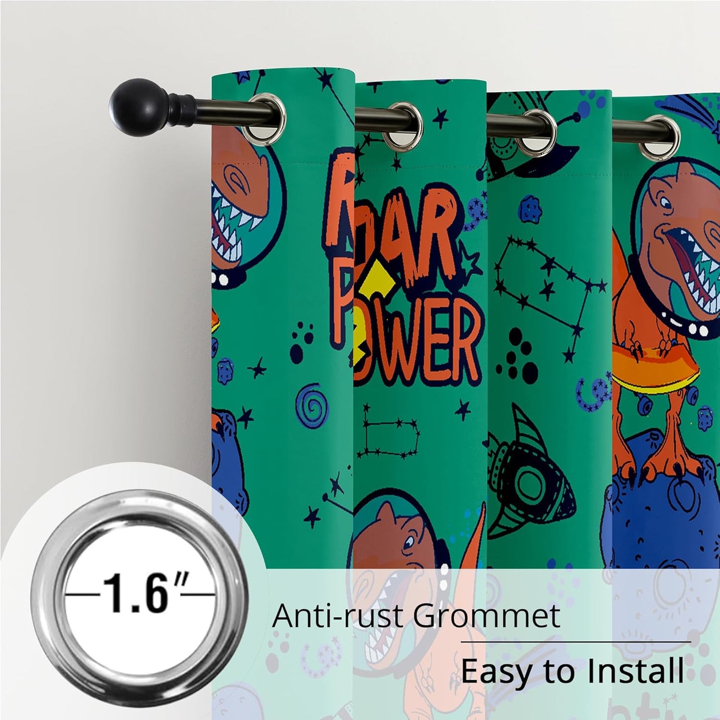 Kids Space Dinosaur Blackout Curtains - 100% Blackout, Thermal Insulated, Noise Reducing, Perfect for Kids Room and Nursery, 2 Panels (Roar Power Dino, W52×L84)