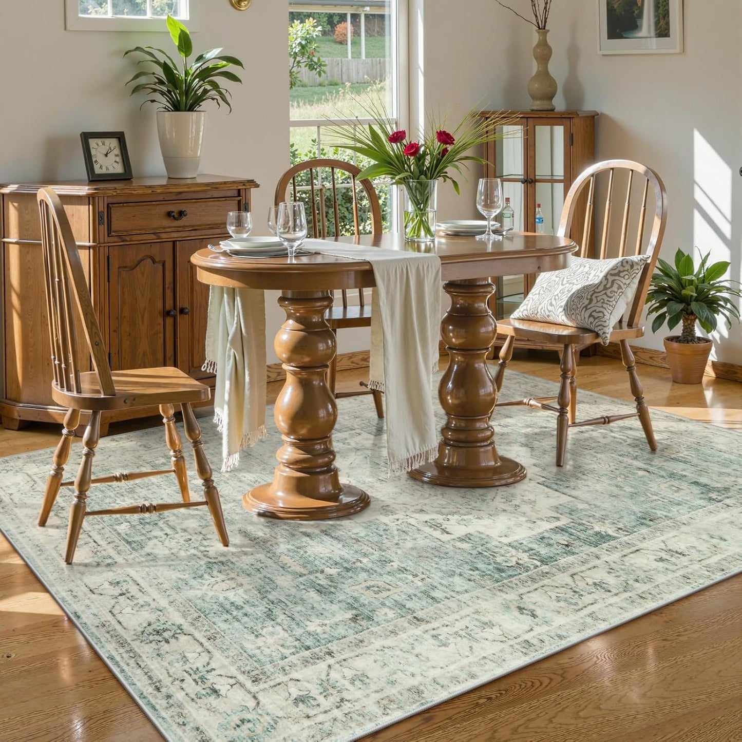 LIVEBOX Bedroom 4x6 Washable Area Rug for Entryway Kitchen, Non-Slip Soft Boho Rugs for Dining Room Office, Farmhouse Low-Pile Neutral Soft Carpet for Nursery Room Playroom, Sage Green