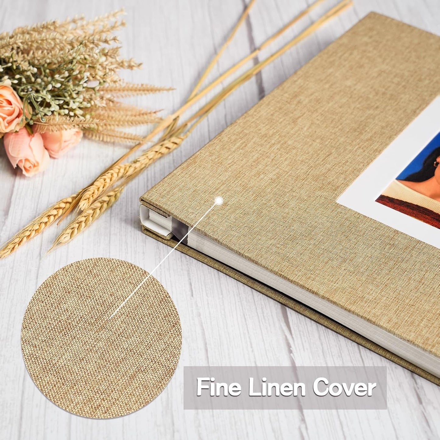 Vienrose Photo Album Self Adhesive for 2x3 4x6 5x7 8x10 Pictures DIY Scrapbook 60 Blank Pages Linen Cover Memory Book for Wedding, Baby Growth, Travel, Khaki