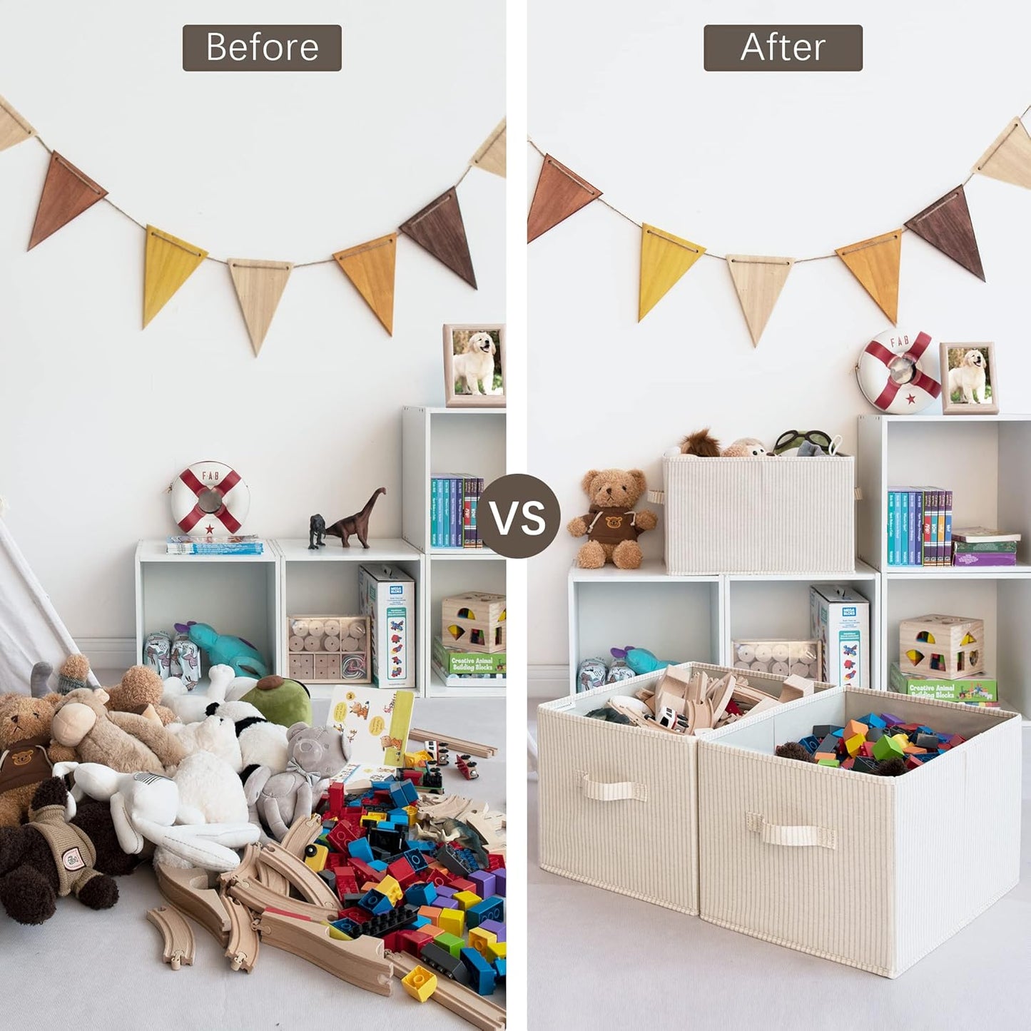 StorageWorks Storage Baskets for Shelves, Foldable Fabric Closet Storage Bins with Handles, Fabric Storage Bins Clothes Organizer, Beige Stripes, 3-Pack, Extra Large