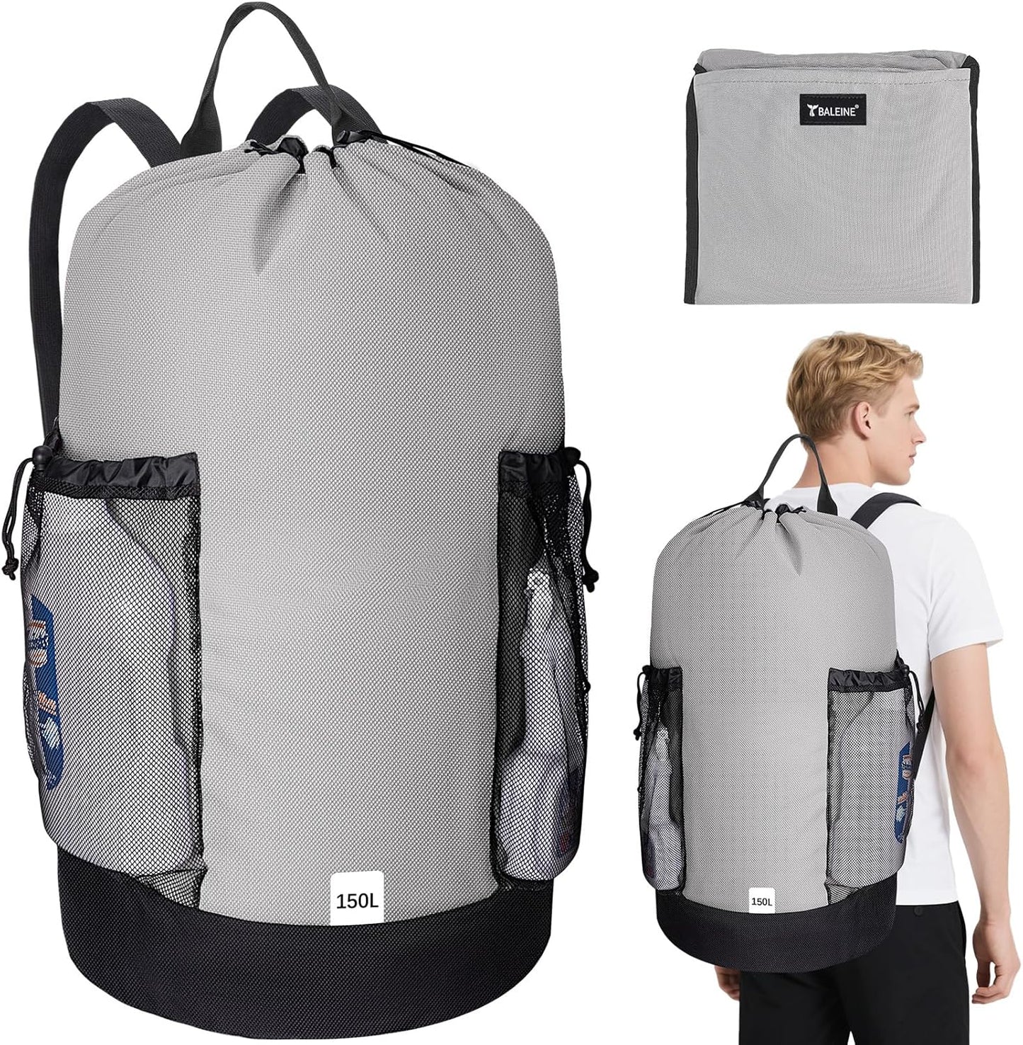 BALEINE 150L Laundry Bag Backpack, 900D Oxford Fabric Large Travel Laundry Bags with Shoulder Straps and 2 Mesh Pockets for College Dorm, Apartment, Laundromat (Grey, 150L)