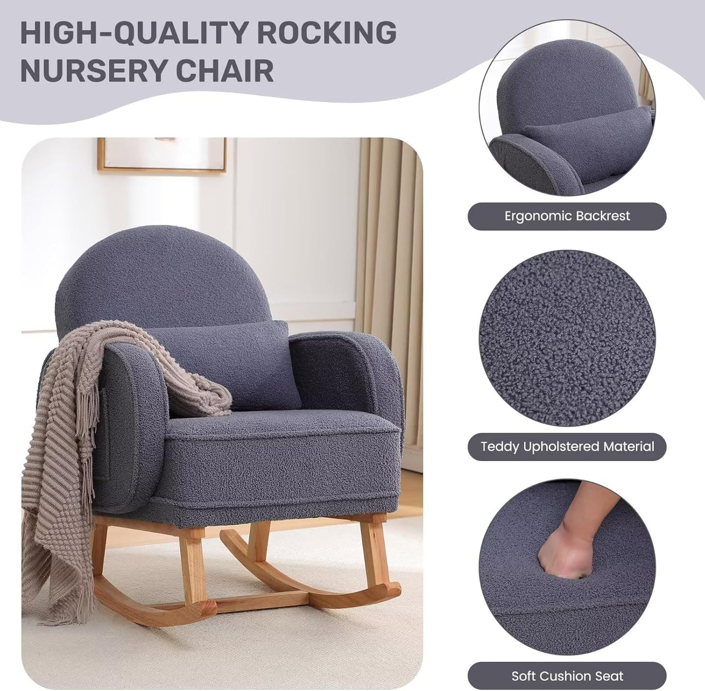 Nursery Rocking Chair with Ottoman, Upholstered Glider Rocker with High Backrest and Side Pocket, Rocking Accent Armchair with Solid Wood Legs for Nursery, Living Room, Bedroom Dark Grey