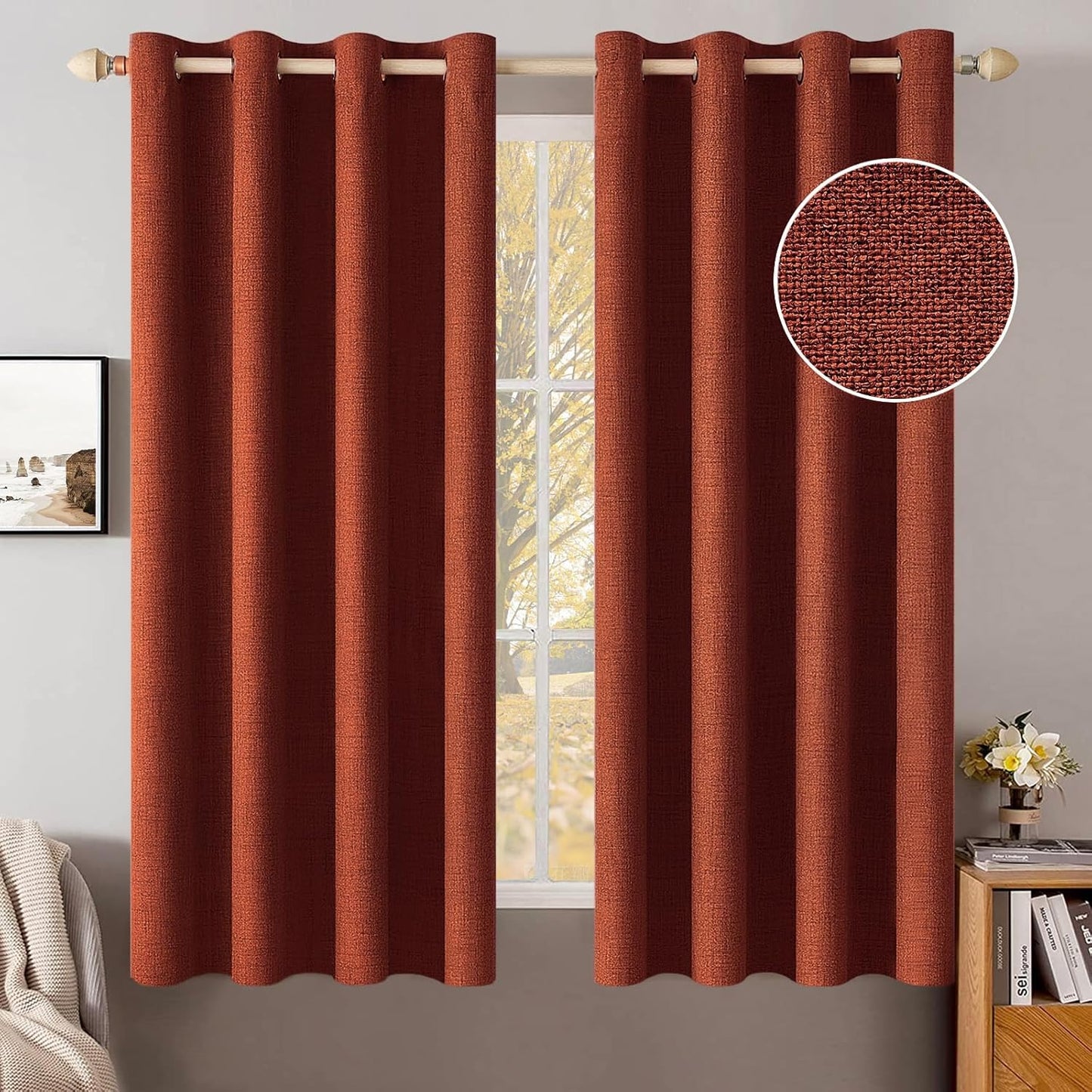 MIULEE Linen Curtains for Bedroom 100% Blackout Thermal Insulated Burnt Orange Grommet Room Darkening Curtains & Drapes Rust Terracotta Fall Decor for Living Room Nursery 52 x 54 Inch (2 Panels)