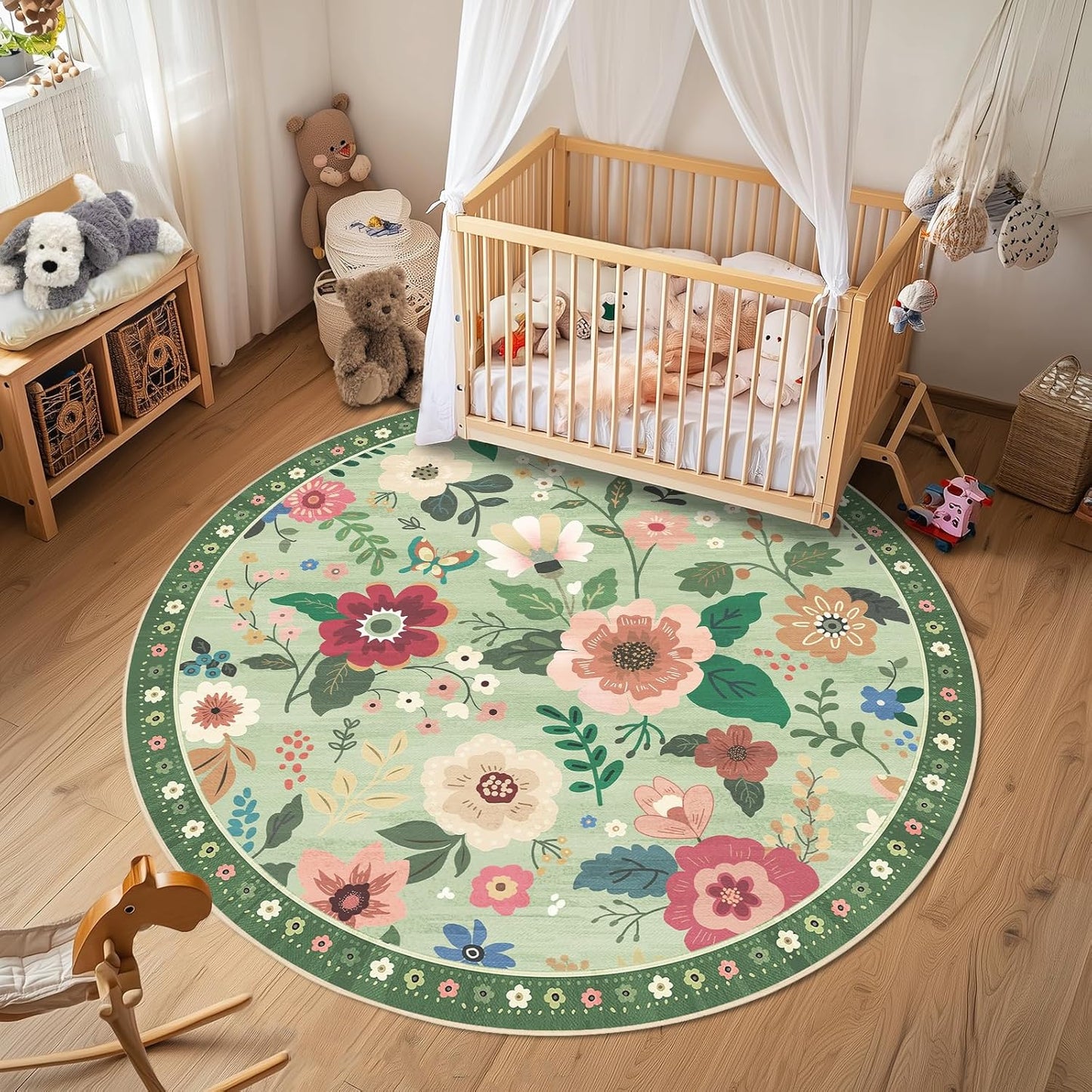 Floral 6ft Area Rug Machine Washable Soft Print Boho Carpet Non Slip Doormat Low Pile Flower Area Rugs for Living Room Bedroom Nursery Kitchen Dining Room Indoor-Light Green