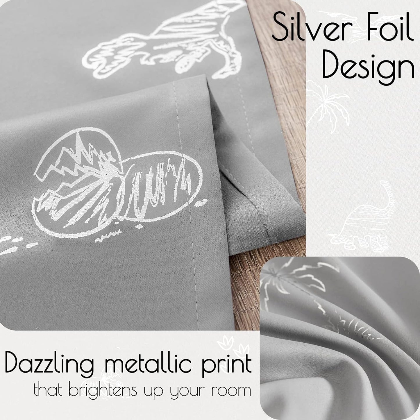 Vangao Grey Blackout Curtains Dinosaur Curtains for Boys Kids Nursery Girls Room Silver Dino Foil Print Thermal Insulated Grommet Top Window Drapes 63 Inches Length 2 Panels